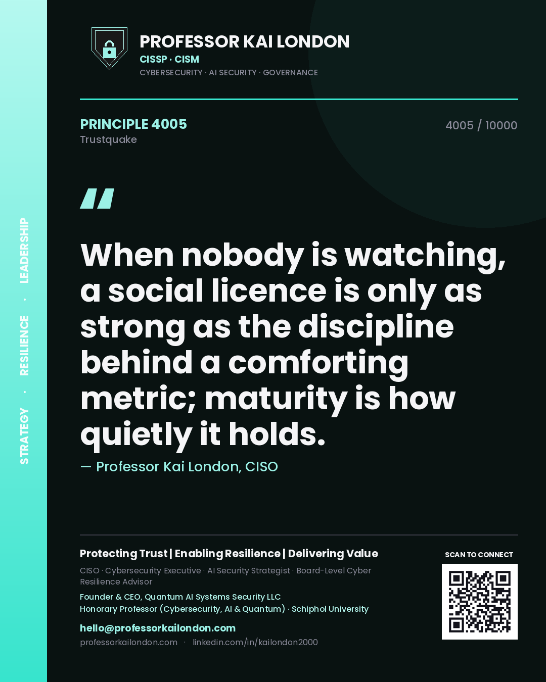 Quote card by Professor Kai London reading 'When nobody is watching, a social licence is only as strong as the discipline behind a comforting metric; maturity is how quietly it holds.'. From the book Trustquake.
