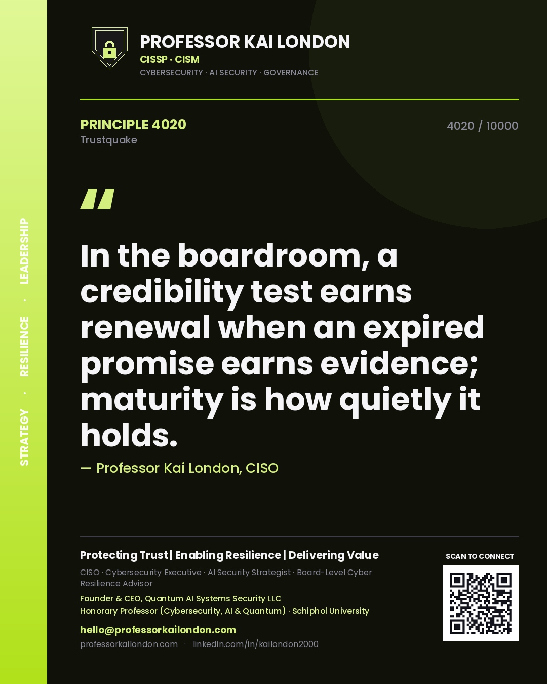 Quote card by Professor Kai London reading 'In the boardroom, a credibility test earns renewal when an expired promise earns evidence; maturity is how quietly it holds.'. From the book Trustquake.
