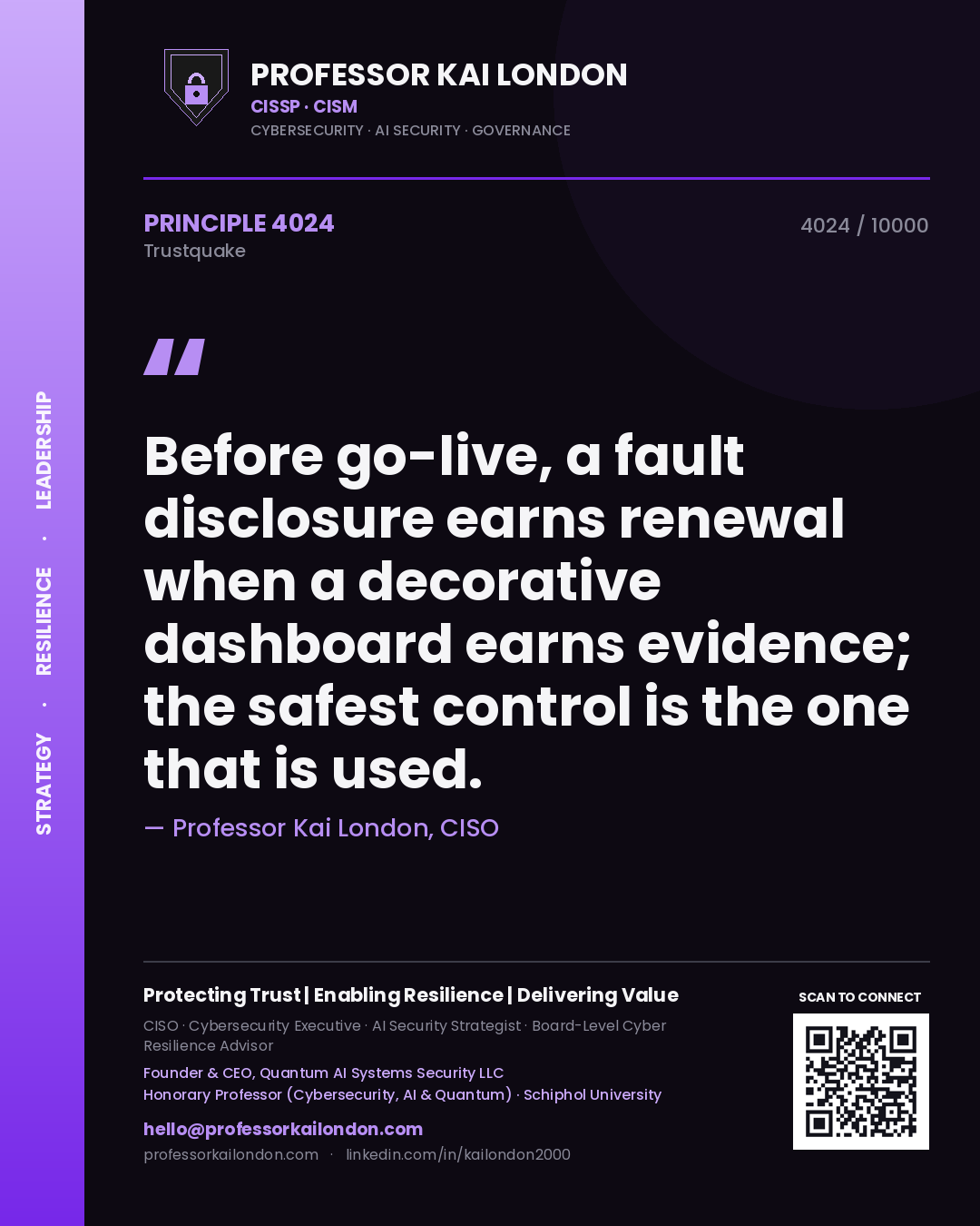 Quote card by Professor Kai London reading 'Before go-live, a fault disclosure earns renewal when a decorative dashboard earns evidence; the safest control is the one that is used.'. From the book Trustquake.