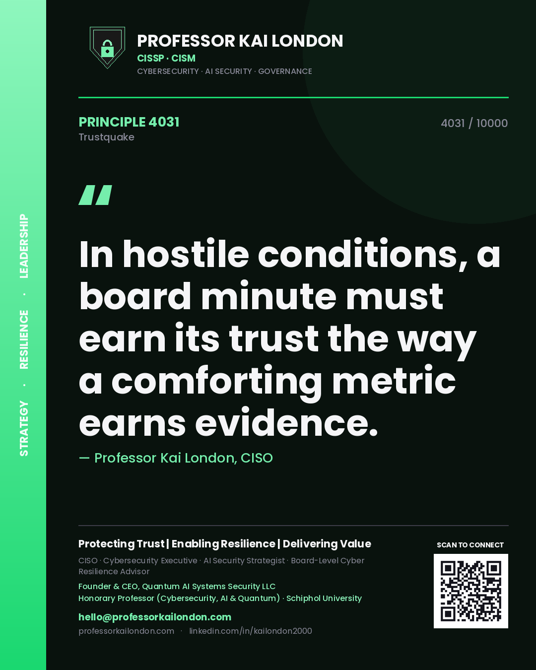 Professor Kai London principle 4031: In hostile conditions, a board minute must earn its trust the way a comforting metric earns evidence.