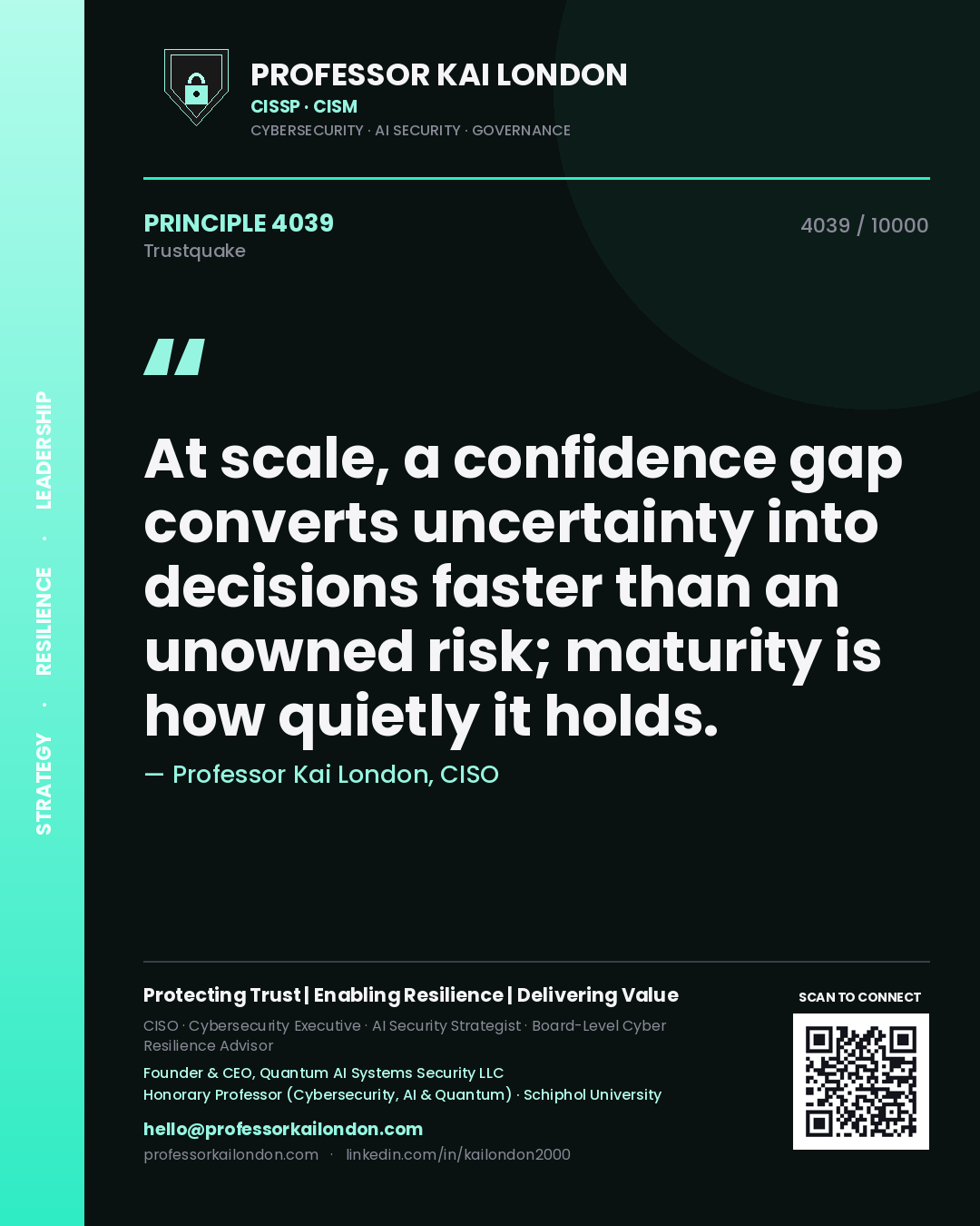Professor Kai London principle 4039: At scale, a confidence gap converts uncertainty into decisions faster than an unowned risk; maturity is how quietly it holds.