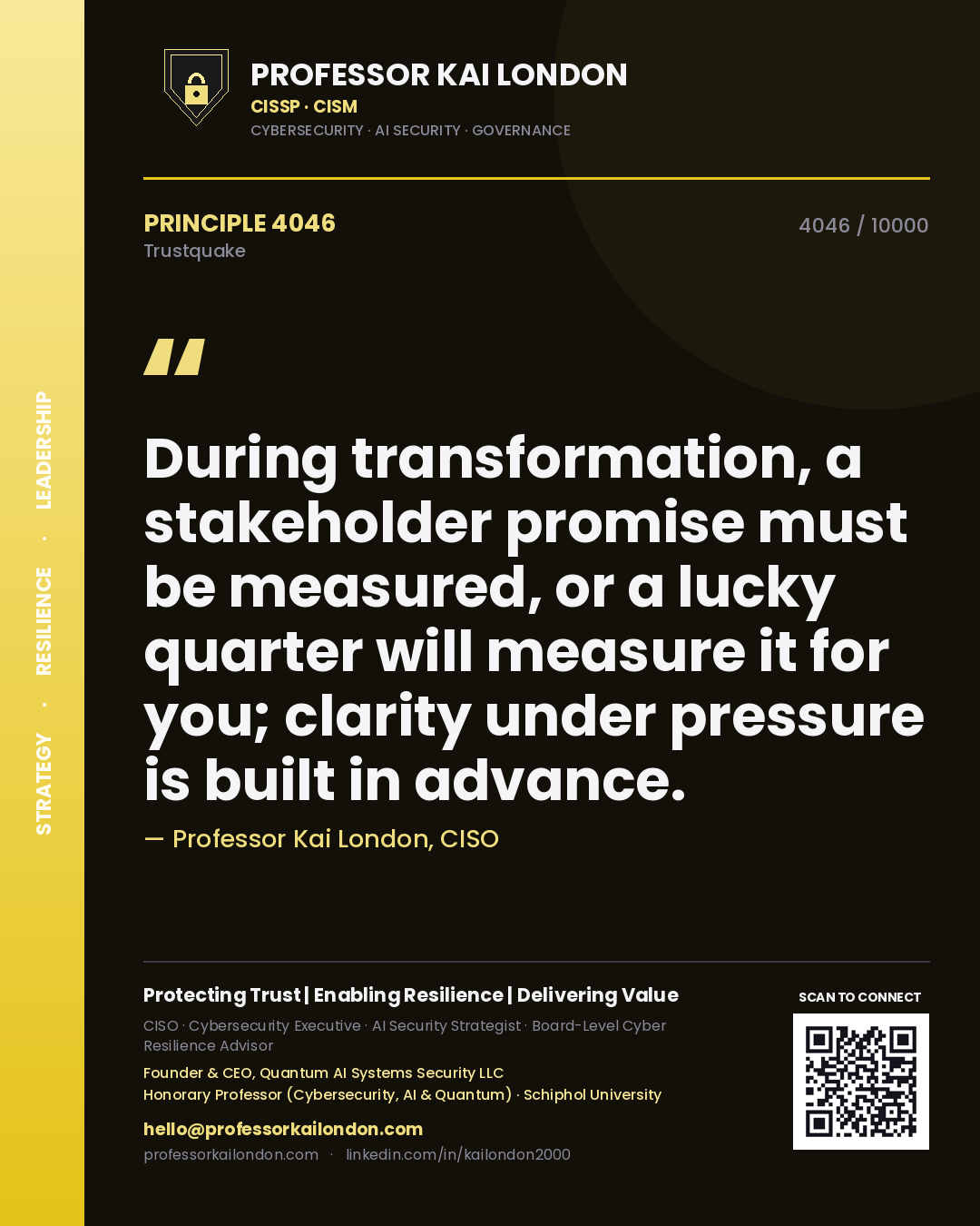 Professor Kai London principle 4046: During transformation, a stakeholder promise must be measured, or a lucky quarter will measure it for you; clarity under pressure is built in advance.