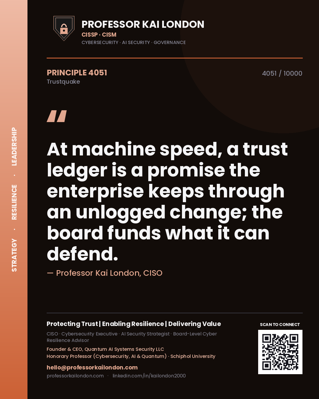 Quote card by Professor Kai London reading 'At machine speed, a trust ledger is a promise the enterprise keeps through an unlogged change; the board funds what it can defend.'. From the book Trustquake.