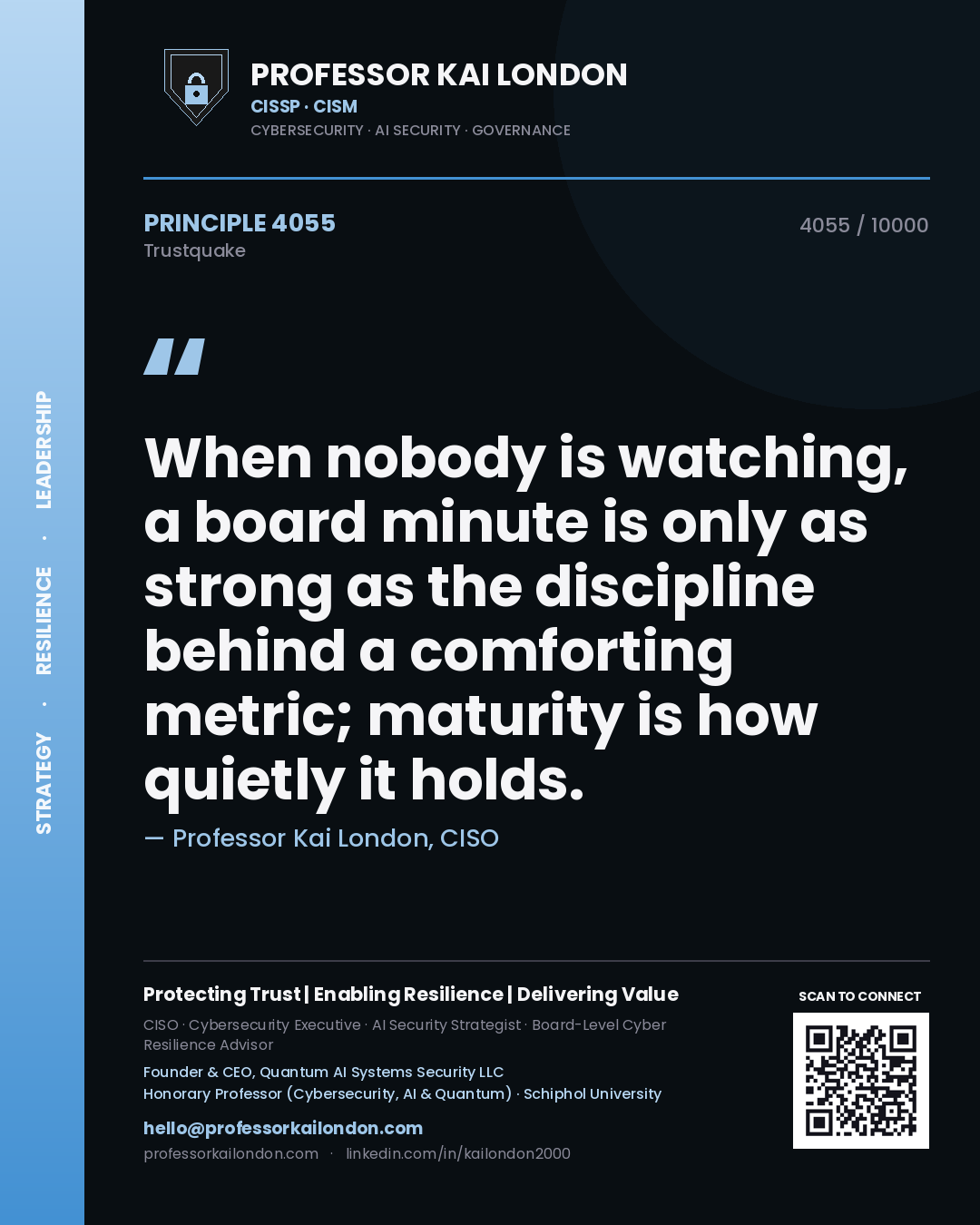 Quote card by Professor Kai London reading 'When nobody is watching, a board minute is only as strong as the discipline behind a comforting metric; maturity is how quietly it holds.'. From the book Trustquake.