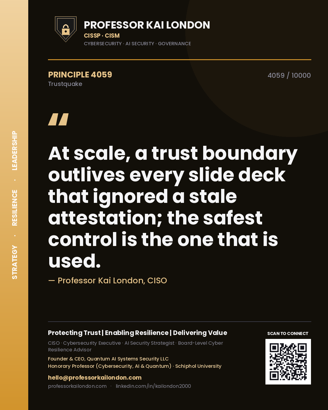 Professor Kai London principle 4059: At scale, a trust boundary outlives every slide deck that ignored a stale attestation; the safest control is the one that is used.