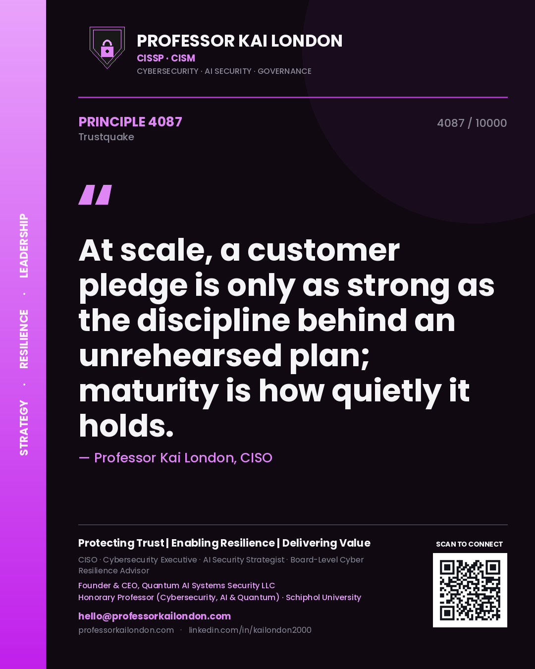 Professor Kai London principle 4087: At scale, a customer pledge is only as strong as the discipline behind an unrehearsed plan; maturity is how quietly it holds.