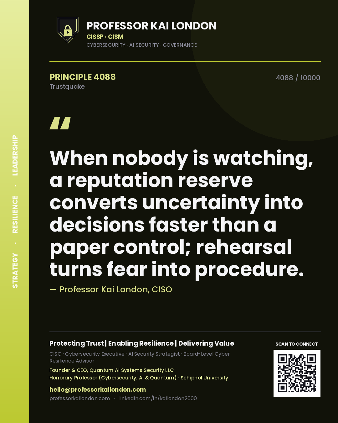 Quote card by Professor Kai London reading 'When nobody is watching, a reputation reserve converts uncertainty into decisions faster than a paper control; rehearsal turns fear into procedure.'. From the book Trustquake.