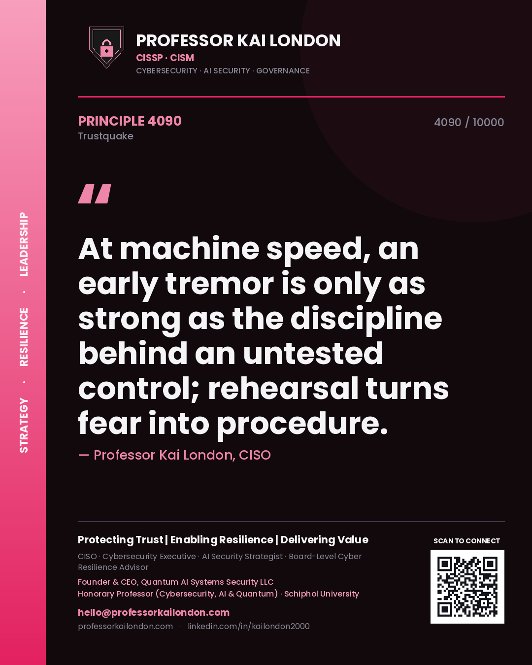 Quote card by Professor Kai London reading 'At machine speed, an early tremor is only as strong as the discipline behind an untested control; rehearsal turns fear into procedure.'. From the book Trustquake.