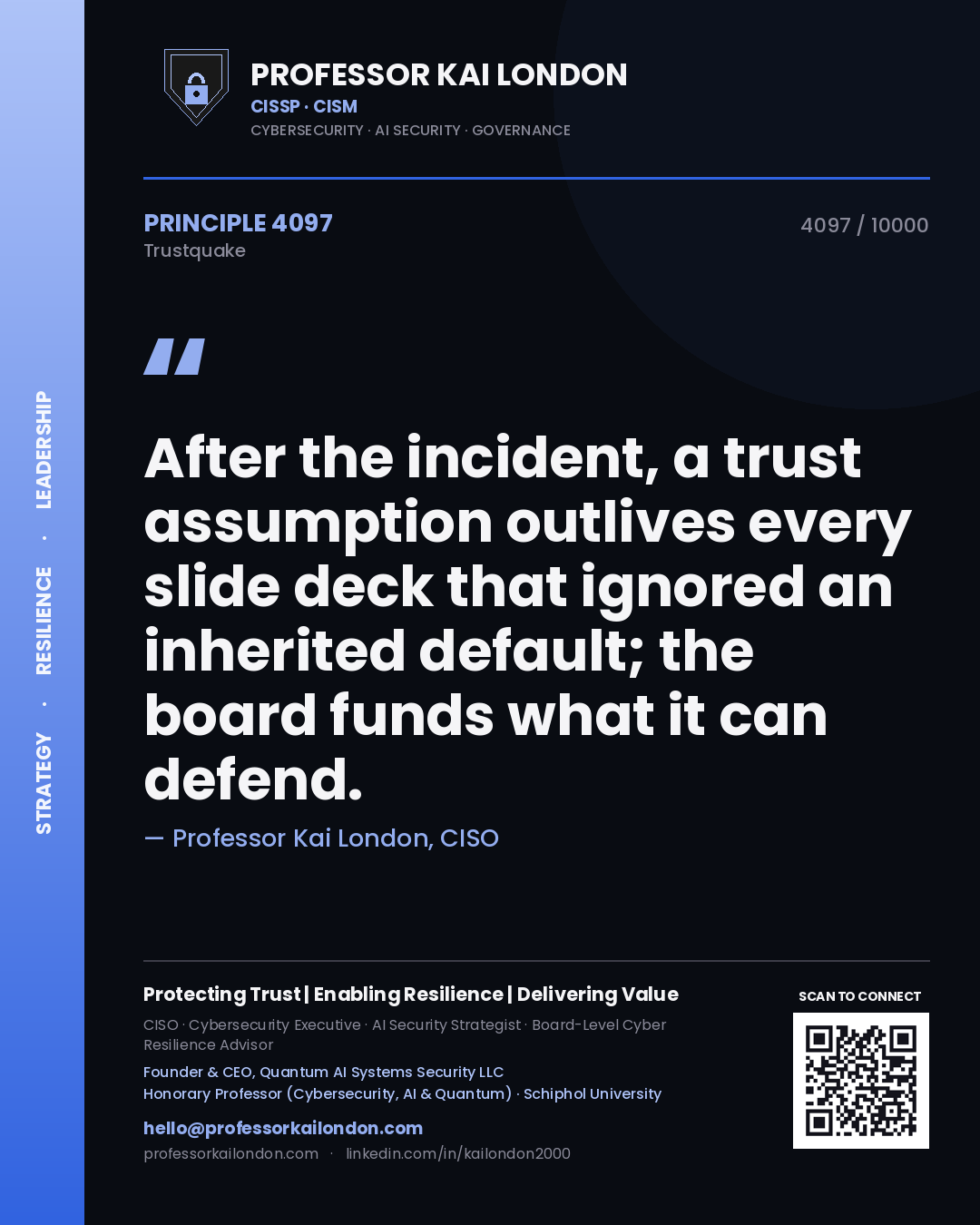 Quote card by Professor Kai London reading 'After the incident, a trust assumption outlives every slide deck that ignored an inherited default; the board funds what it can defend.'. From the book Trustquake.