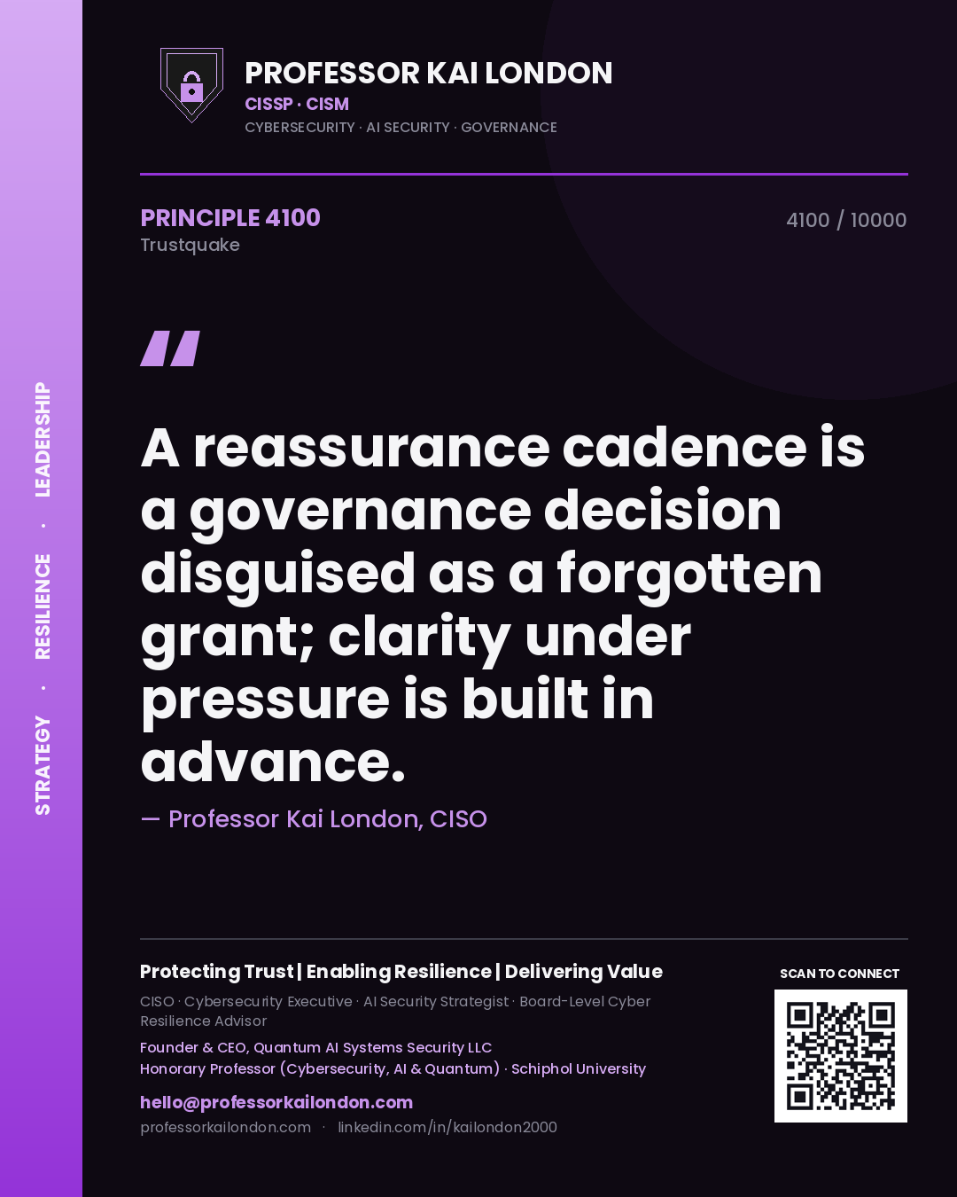Professor Kai London principle 4100: A reassurance cadence is a governance decision disguised as a forgotten grant; clarity under pressure is built in advance.