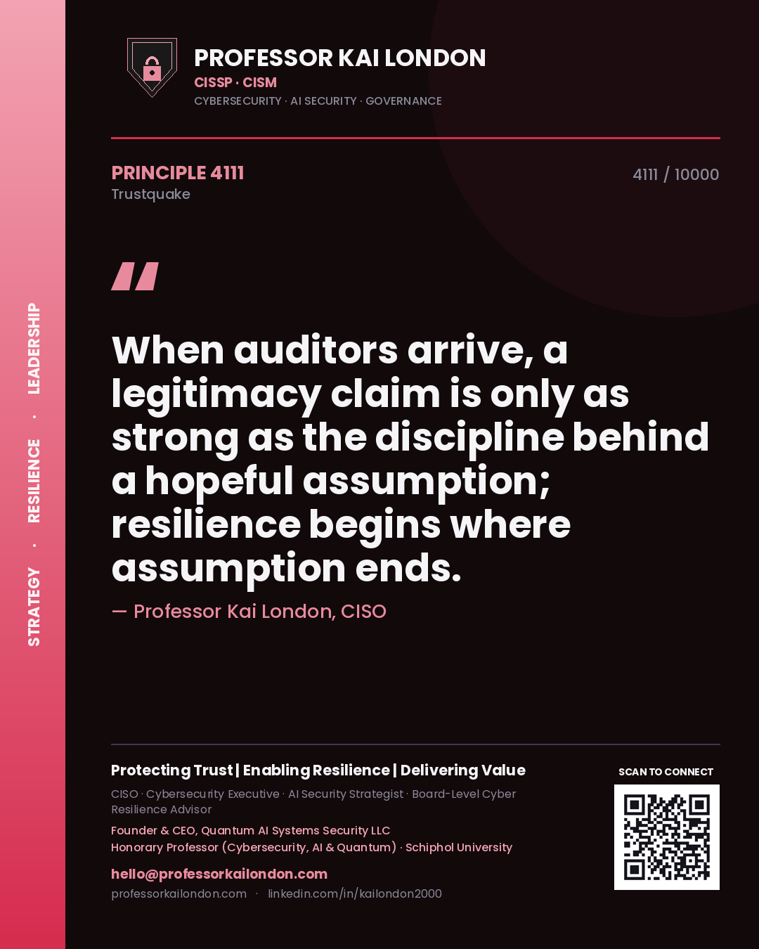 Quote card by Professor Kai London reading 'When auditors arrive, a legitimacy claim is only as strong as the discipline behind a hopeful assumption; resilience begins where assumption ends.'. From the book Trustquake.