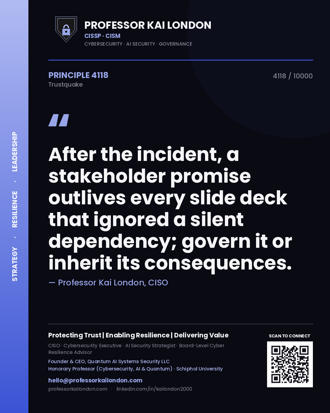 Quote card by Professor Kai London reading 'After the incident, a stakeholder promise outlives every slide deck that ignored a silent dependency; govern it or inherit its consequences.'. From the book Trustquake.