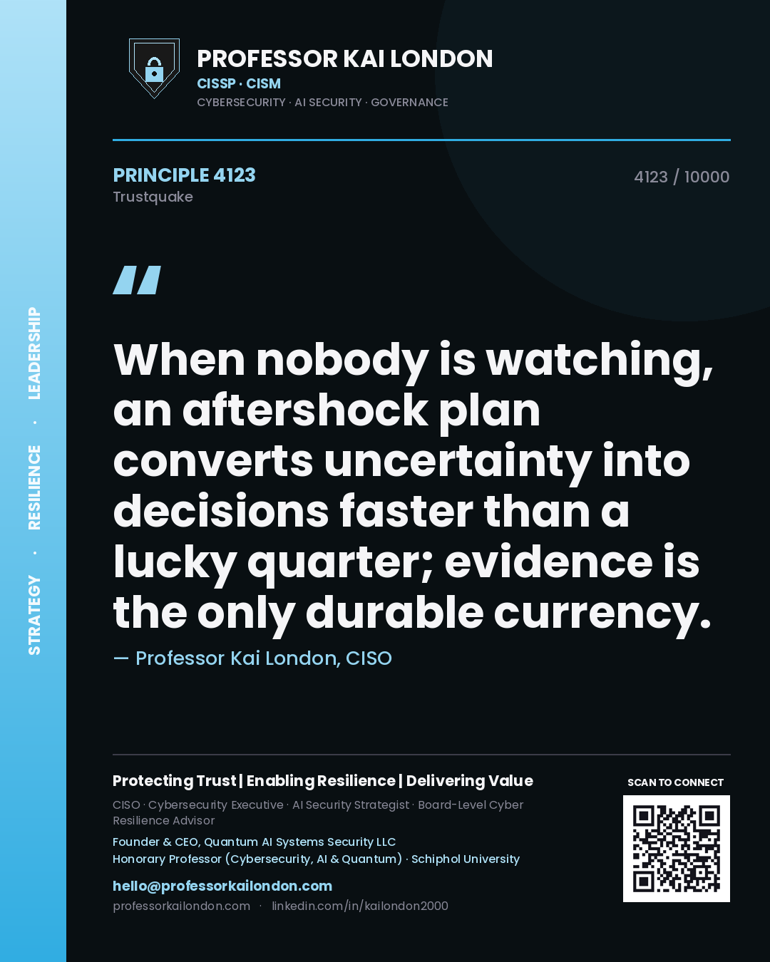 Quote card by Professor Kai London reading 'When nobody is watching, an aftershock plan converts uncertainty into decisions faster than a lucky quarter; evidence is the only durable currency.'. From the book Trustquake.
