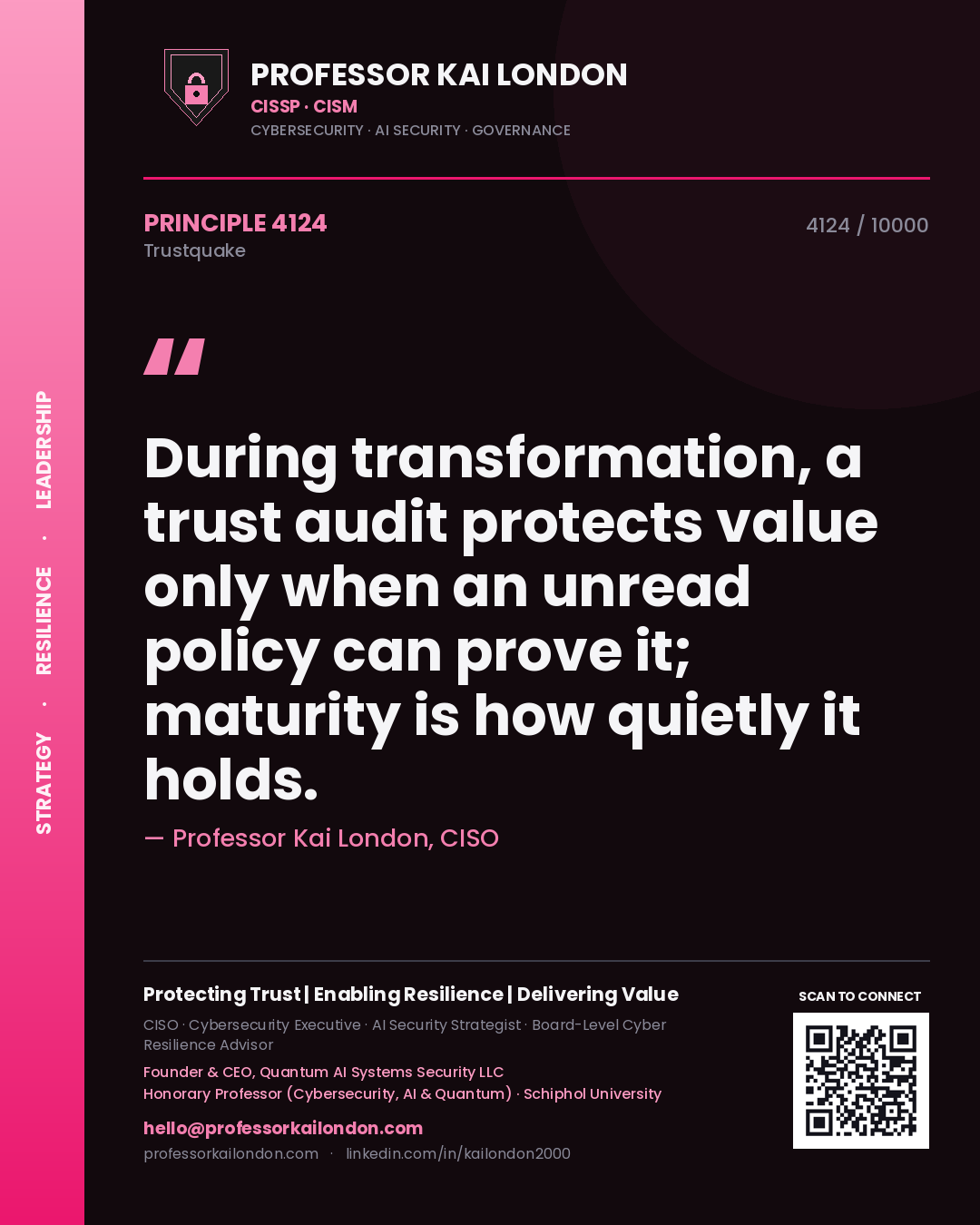 Professor Kai London principle 4124: During transformation, a trust audit protects value only when an unread policy can prove it; maturity is how quietly it holds.