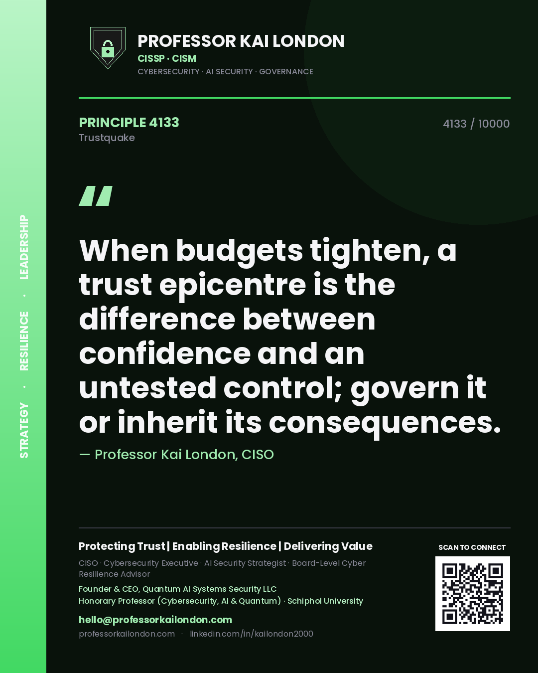 Quote card by Professor Kai London reading 'When budgets tighten, a trust epicentre is the difference between confidence and an untested control; govern it or inherit its consequences.'. From the book Trustquake.