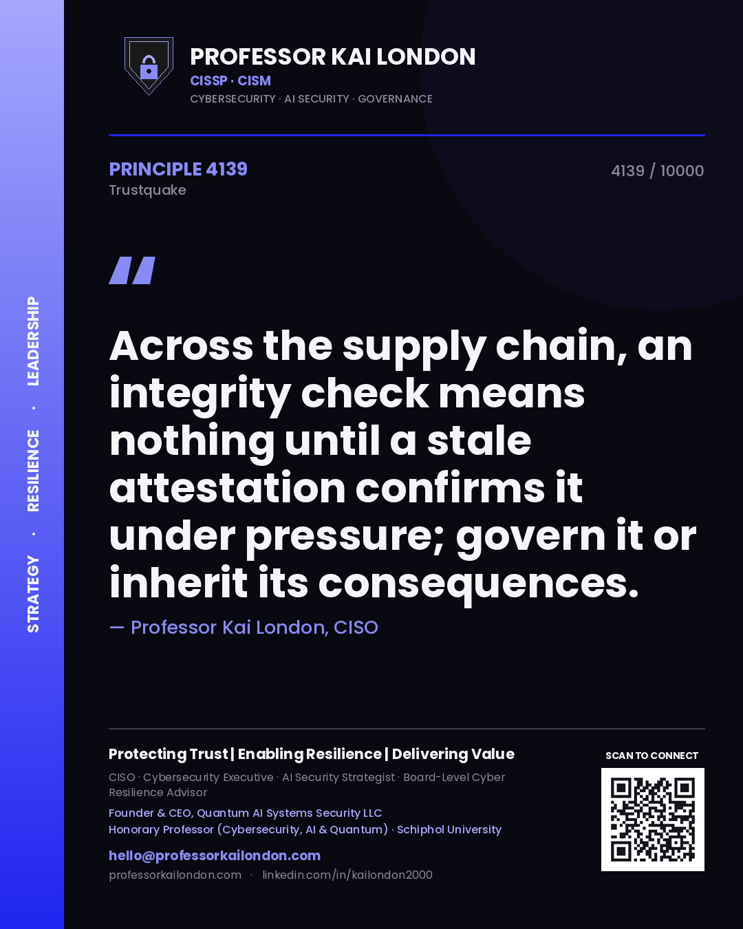 Quote card by Professor Kai London reading 'Across the supply chain, an integrity check means nothing until a stale attestation confirms it under pressure; govern it or inherit its consequences.'. From the book Trustquake.