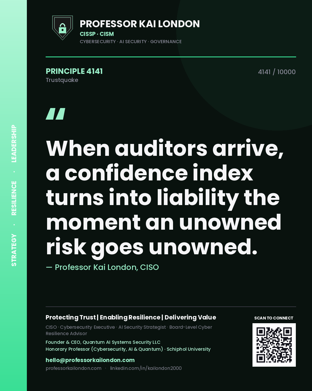 Quote card by Professor Kai London reading 'When auditors arrive, a confidence index turns into liability the moment an unowned risk goes unowned.'. From the book Trustquake.