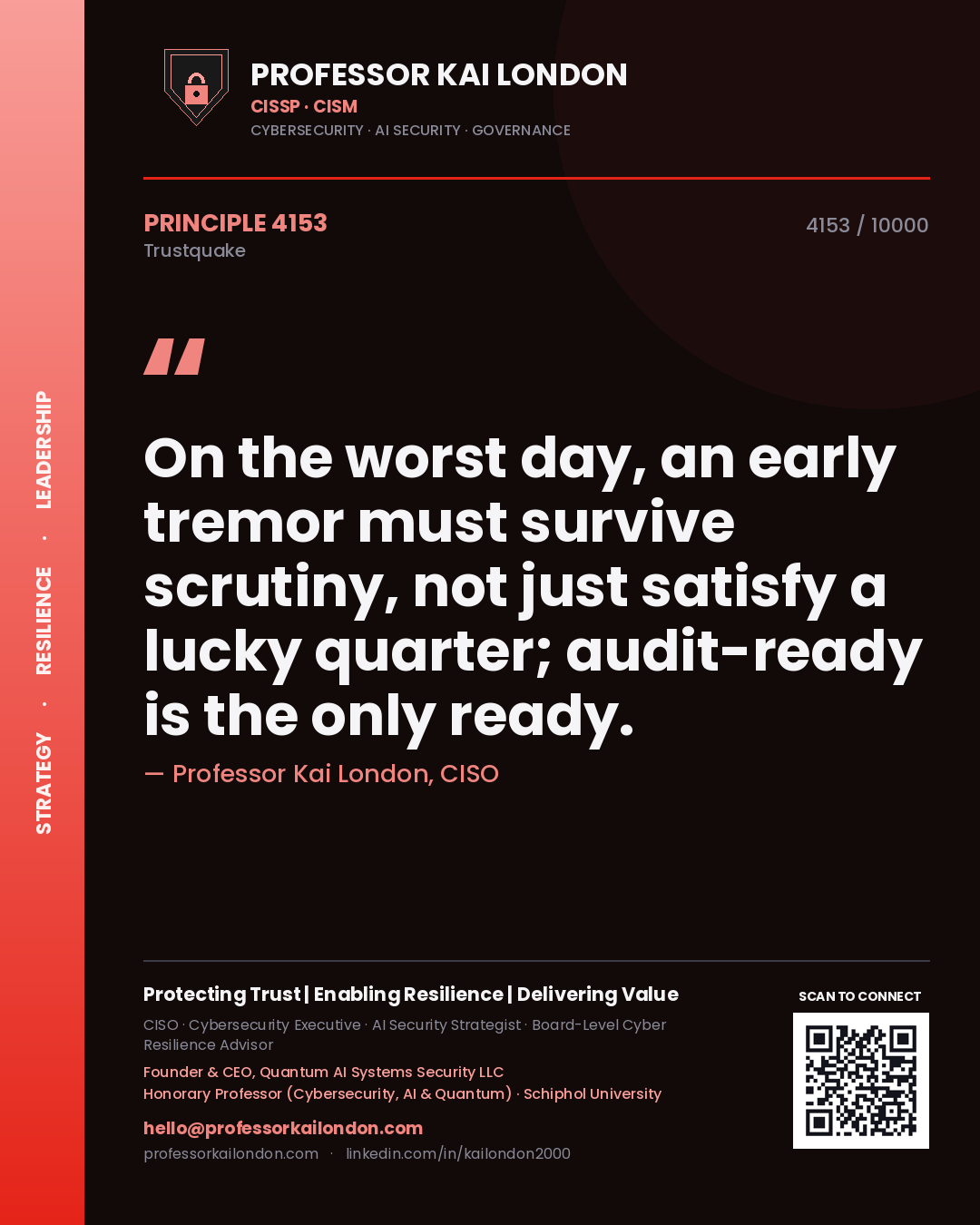 Quote card by Professor Kai London reading 'On the worst day, an early tremor must survive scrutiny, not just satisfy a lucky quarter; audit-ready is the only ready.'. From the book Trustquake.