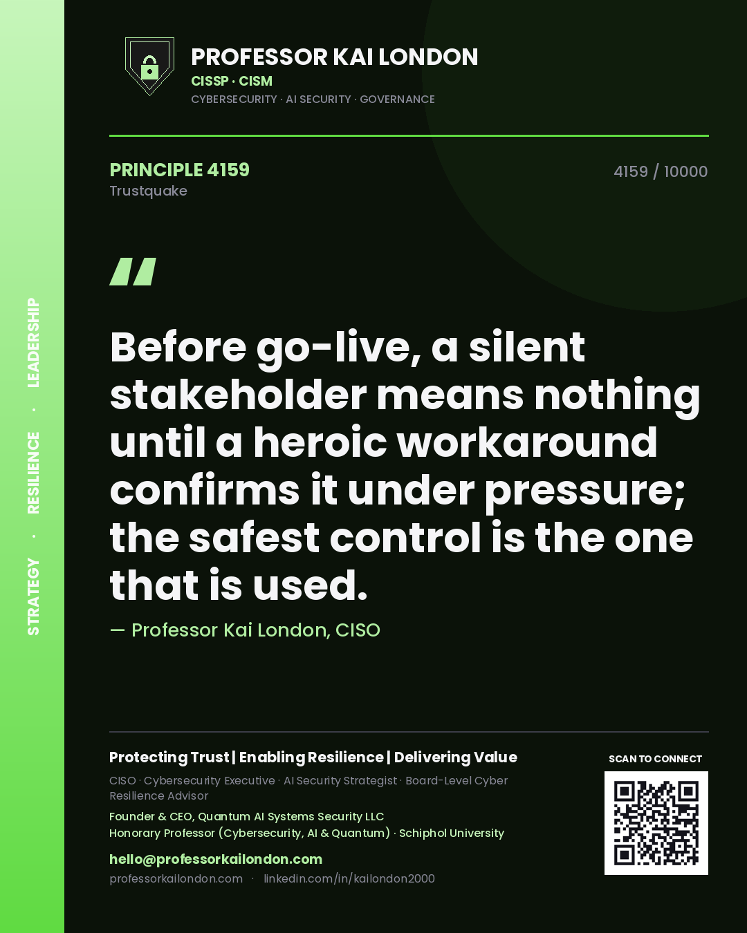 Professor Kai London principle 4159: Before go-live, a silent stakeholder means nothing until a heroic workaround confirms it under pressure; the safest control is the one that is used.