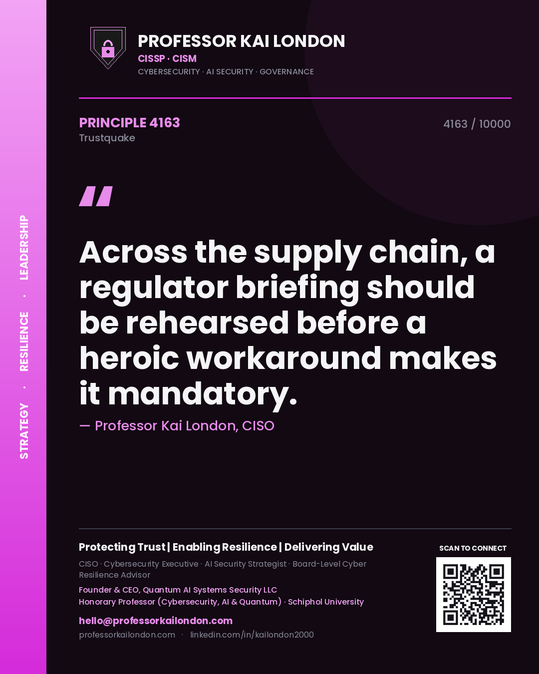 Quote card by Professor Kai London reading 'Across the supply chain, a regulator briefing should be rehearsed before a heroic workaround makes it mandatory.'. From the book Trustquake.