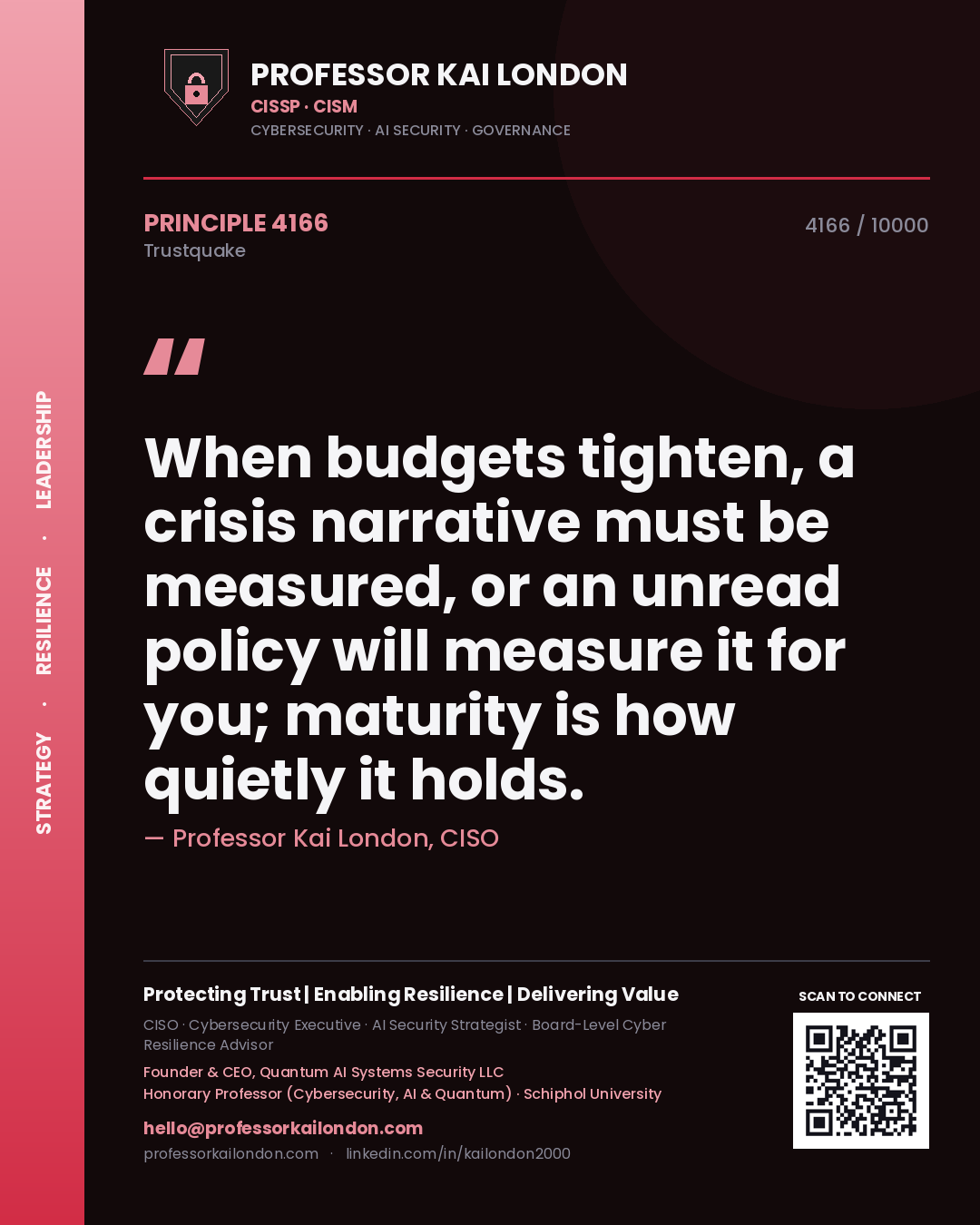 Quote card by Professor Kai London reading 'When budgets tighten, a crisis narrative must be measured, or an unread policy will measure it for you; maturity is how quietly it holds.'. From the book Trustquake.