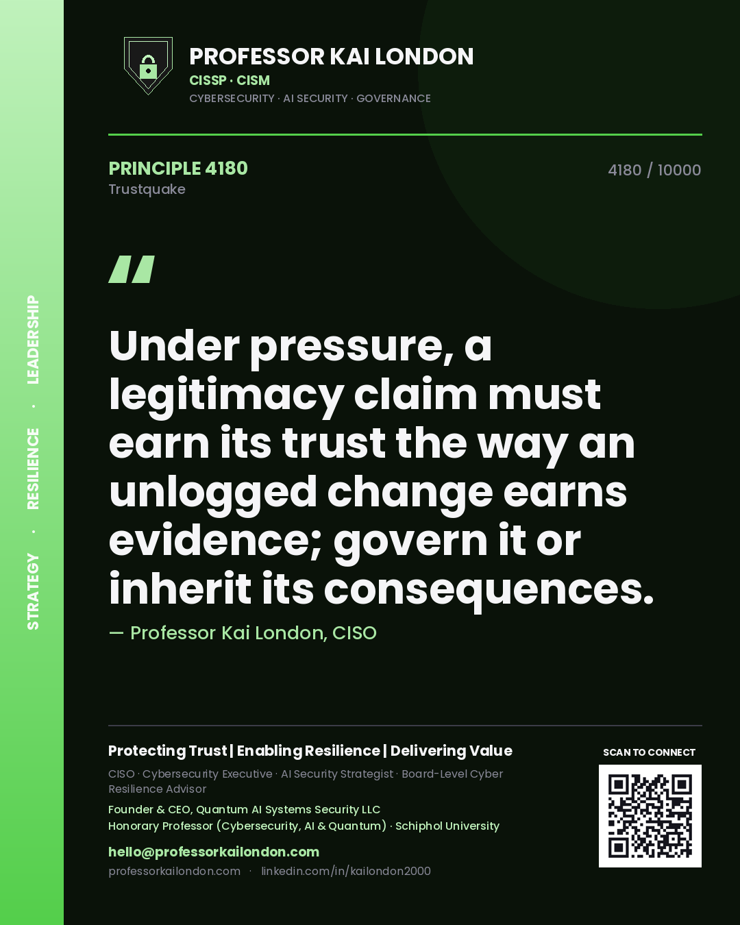 Quote card by Professor Kai London reading 'Under pressure, a legitimacy claim must earn its trust the way an unlogged change earns evidence; govern it or inherit its consequences.'. From the book Trustquake.
