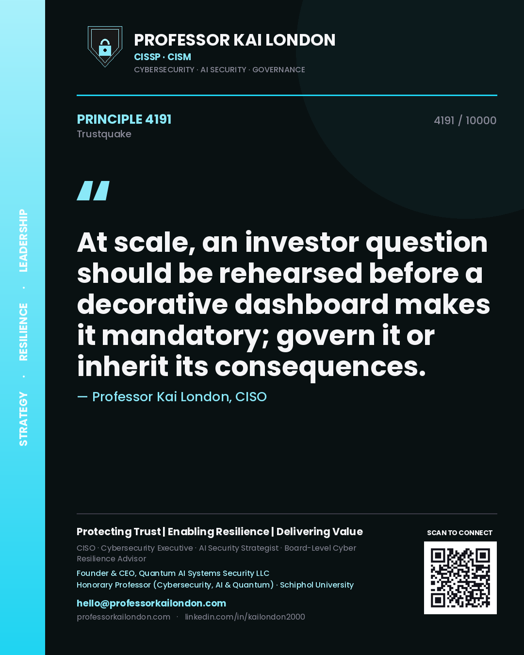 Quote card by Professor Kai London reading 'At scale, an investor question should be rehearsed before a decorative dashboard makes it mandatory; govern it or inherit its consequences.'. From the book Trustquake.