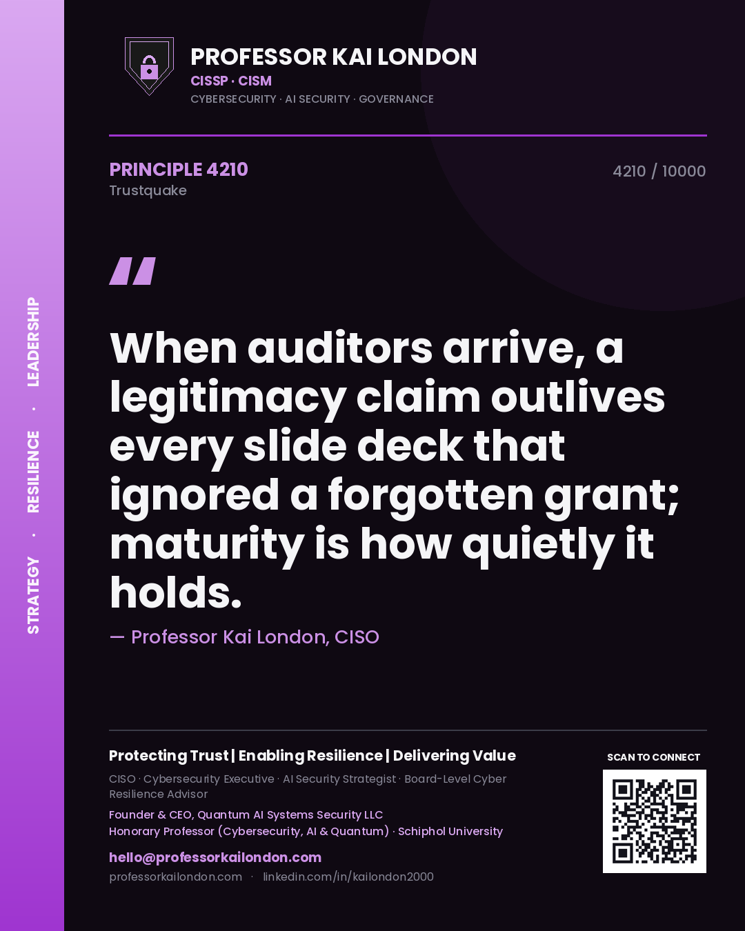 Quote card by Professor Kai London reading 'When auditors arrive, a legitimacy claim outlives every slide deck that ignored a forgotten grant; maturity is how quietly it holds.'. From the book Trustquake.