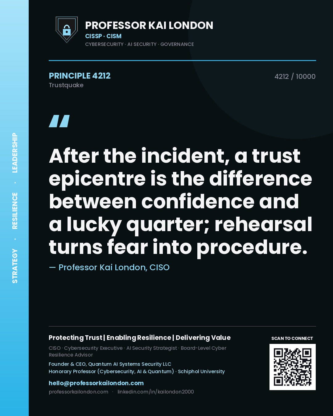 Quote card by Professor Kai London reading 'After the incident, a trust epicentre is the difference between confidence and a lucky quarter; rehearsal turns fear into procedure.'. From the book Trustquake.