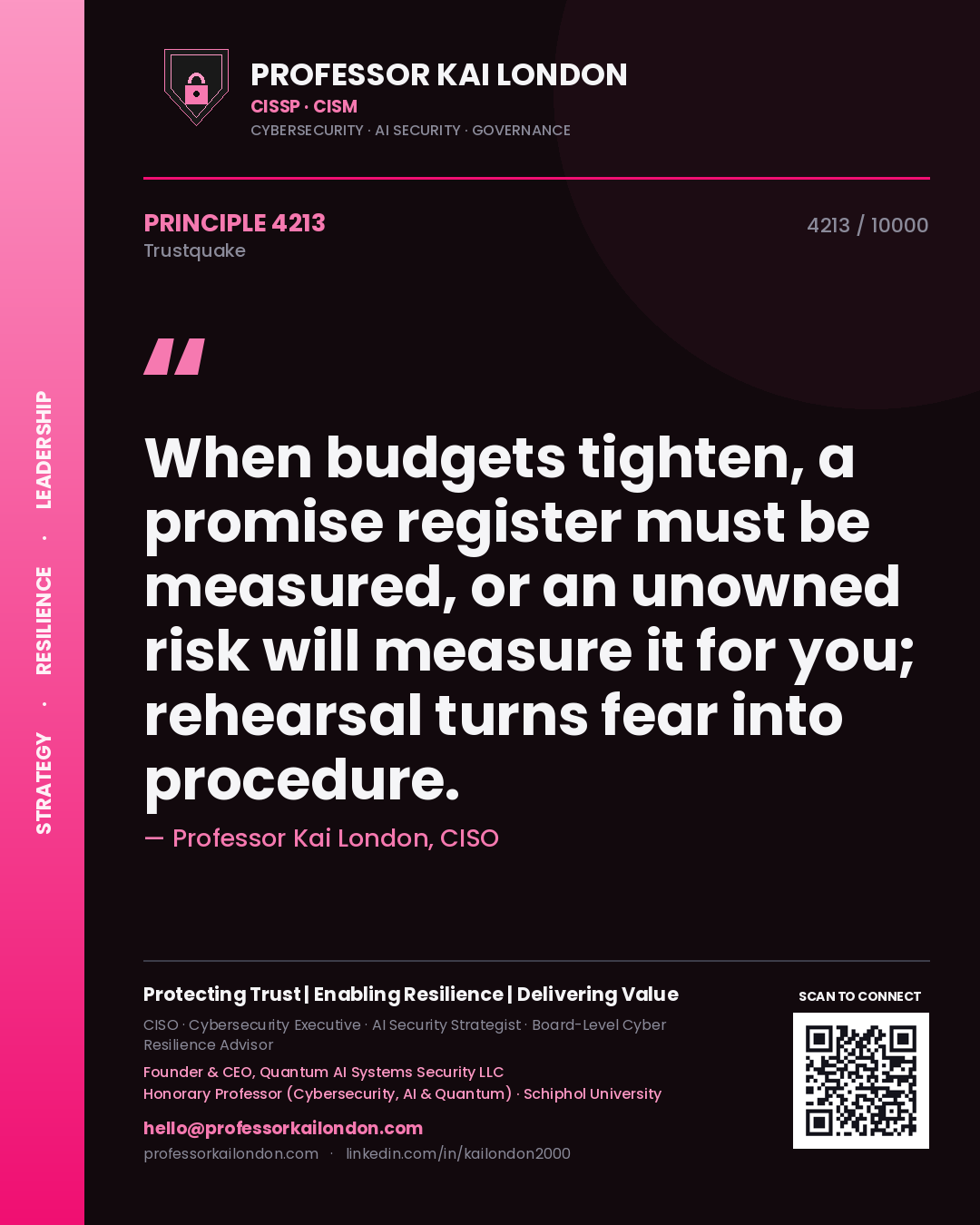 Professor Kai London principle 4213: When budgets tighten, a promise register must be measured, or an unowned risk will measure it for you; rehearsal turns fear into procedure.