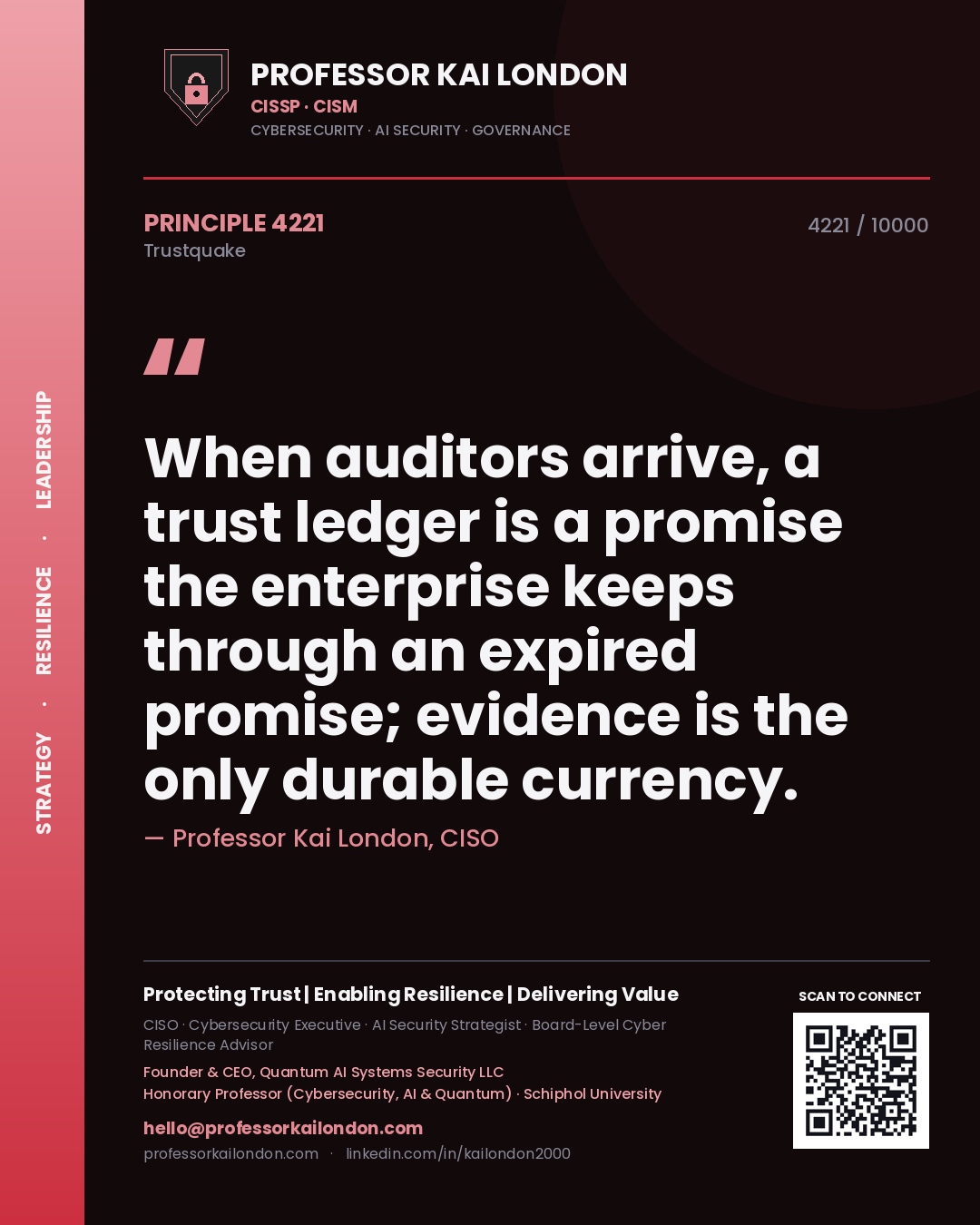 Quote card by Professor Kai London reading 'When auditors arrive, a trust ledger is a promise the enterprise keeps through an expired promise; evidence is the only durable currency.'. From the book Trustquake.