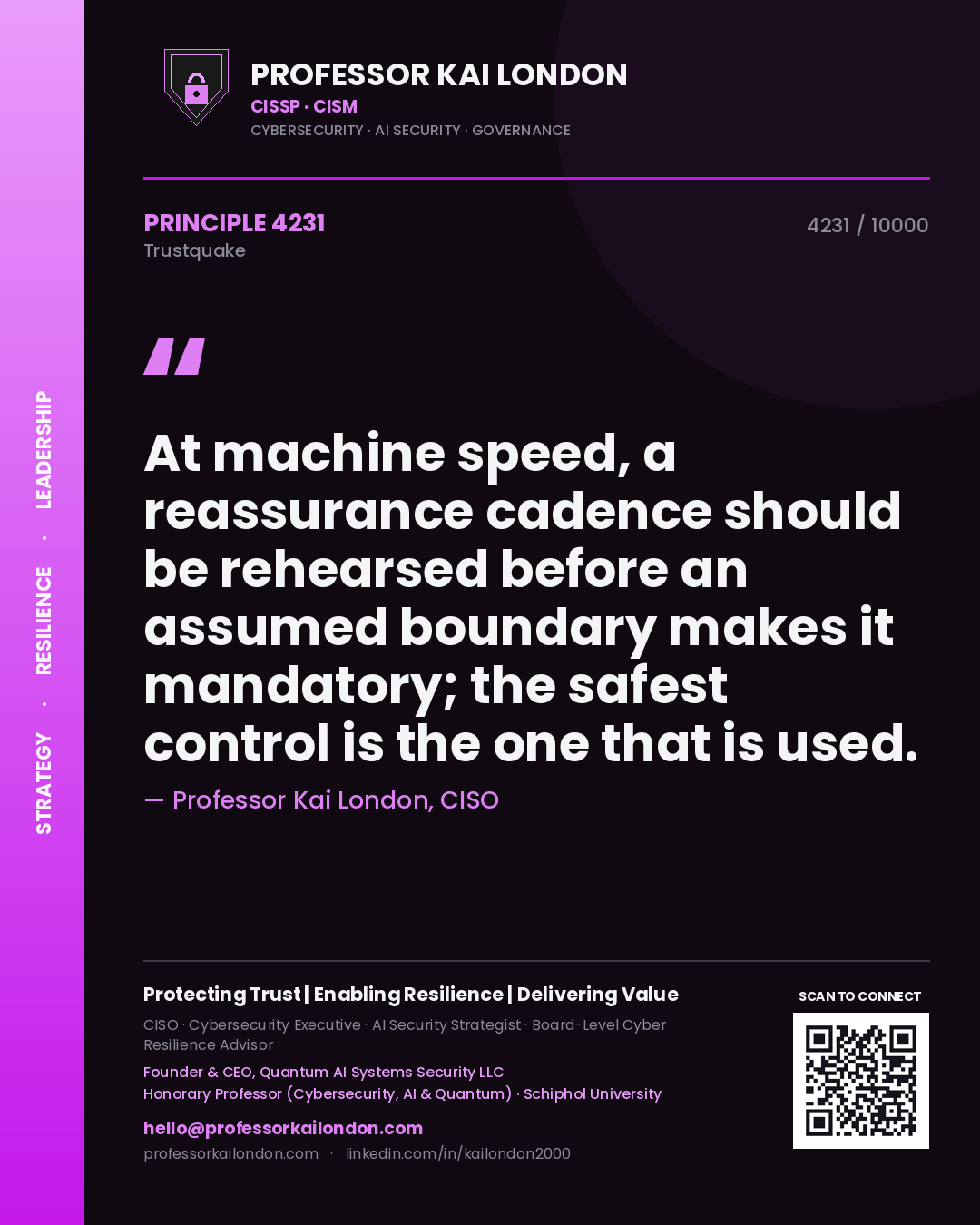 Professor Kai London principle 4231: At machine speed, a reassurance cadence should be rehearsed before an assumed boundary makes it mandatory; the safest control is the one that is used.