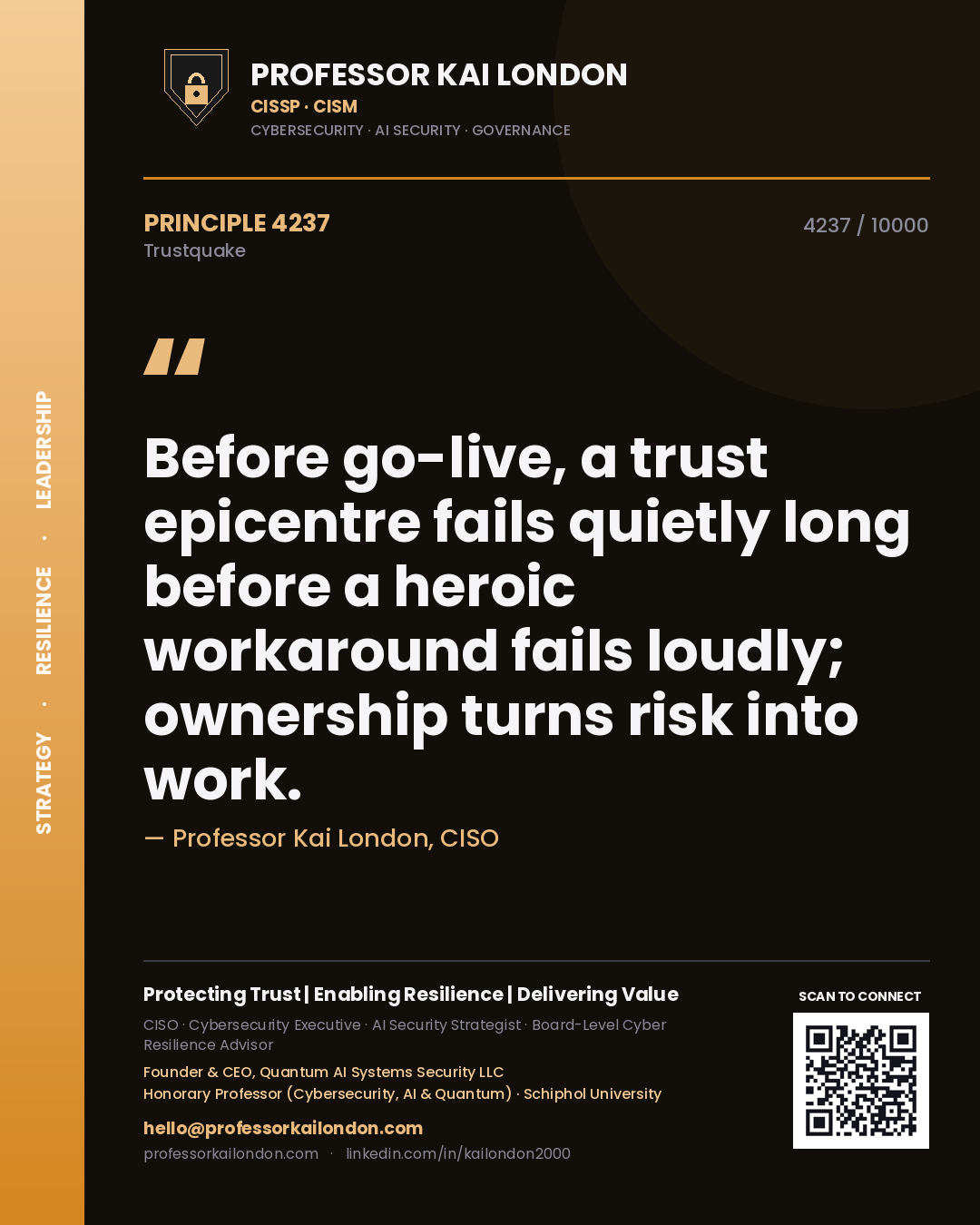 Professor Kai London principle 4237: Before go-live, a trust epicentre fails quietly long before a heroic workaround fails loudly; ownership turns risk into work.