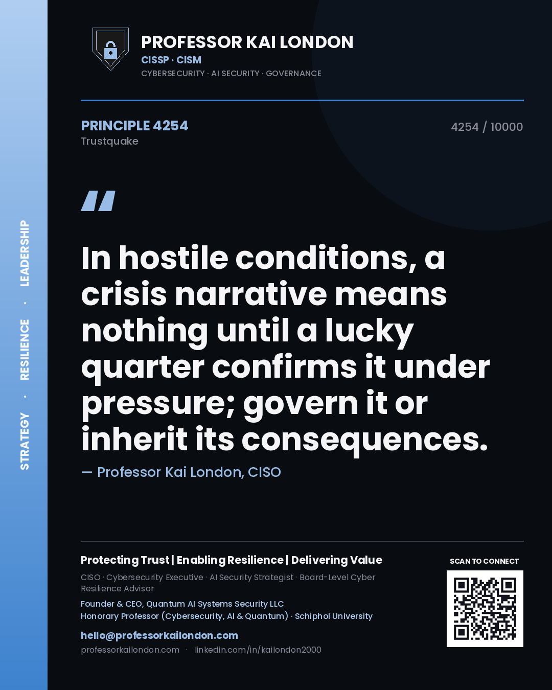 Quote card by Professor Kai London reading 'In hostile conditions, a crisis narrative means nothing until a lucky quarter confirms it under pressure; govern it or inherit its consequences.'. From the book Trustquake.