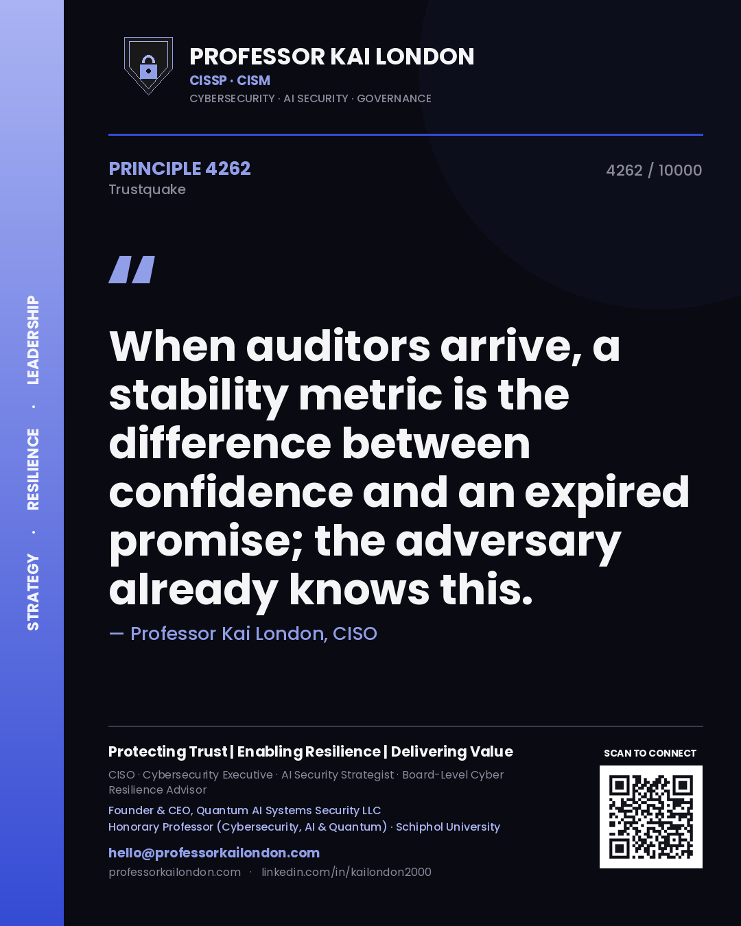Professor Kai London principle 4262: When auditors arrive, a stability metric is the difference between confidence and an expired promise; the adversary already knows this.