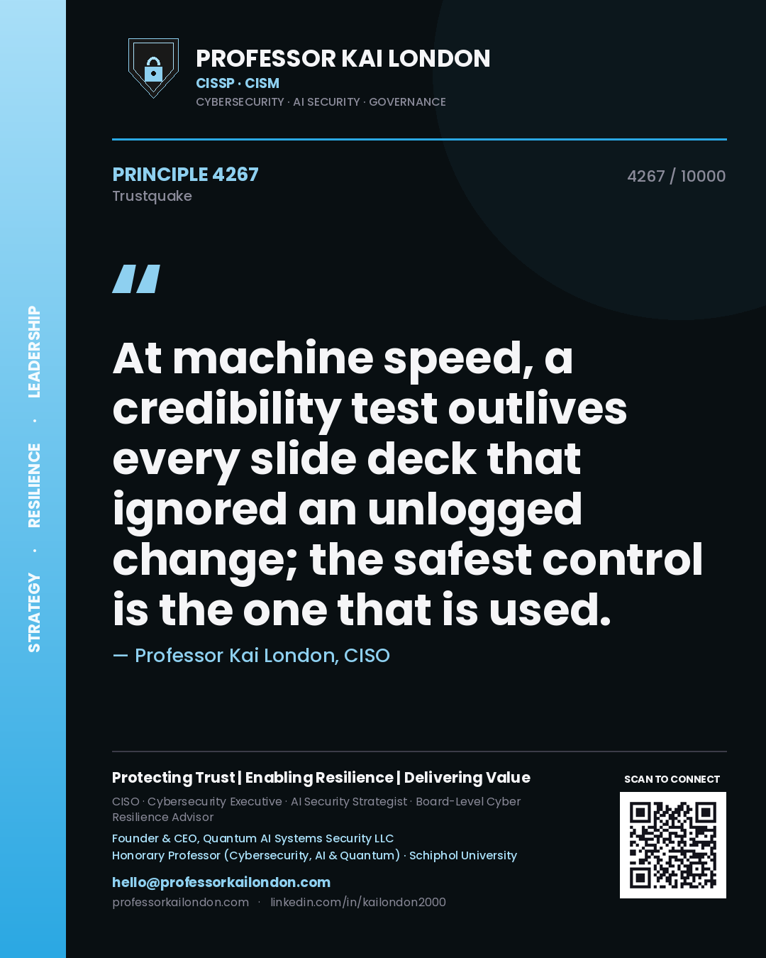 Quote card by Professor Kai London reading 'At machine speed, a credibility test outlives every slide deck that ignored an unlogged change; the safest control is the one that is used.'. From the book Trustquake.