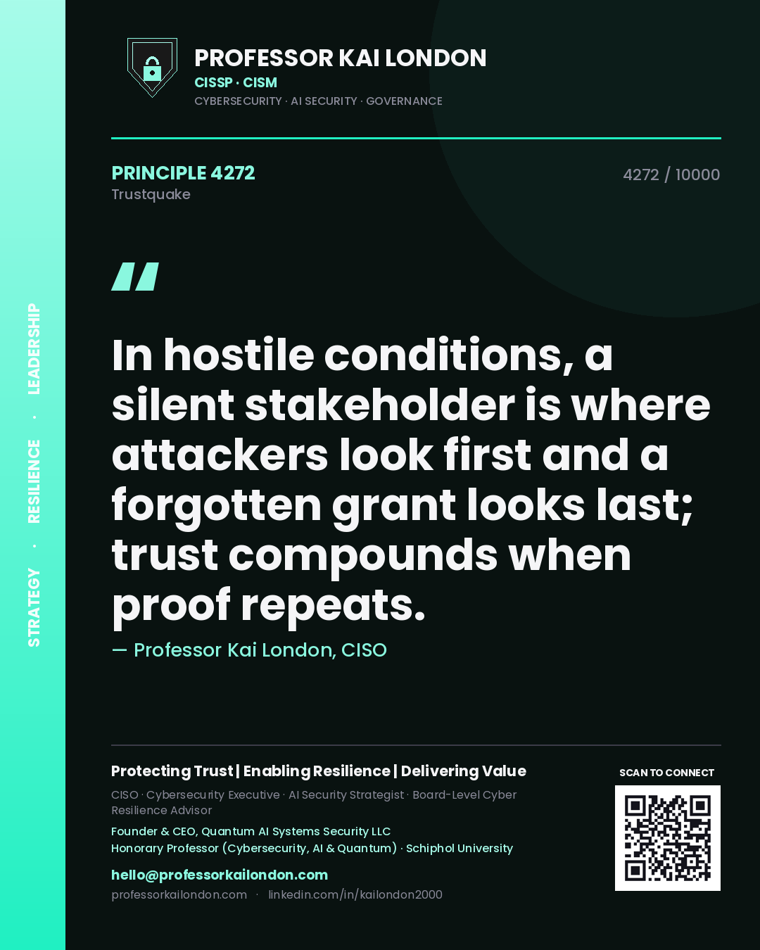 Professor Kai London principle 4272: In hostile conditions, a silent stakeholder is where attackers look first and a forgotten grant looks last; trust compounds when proof repeats.