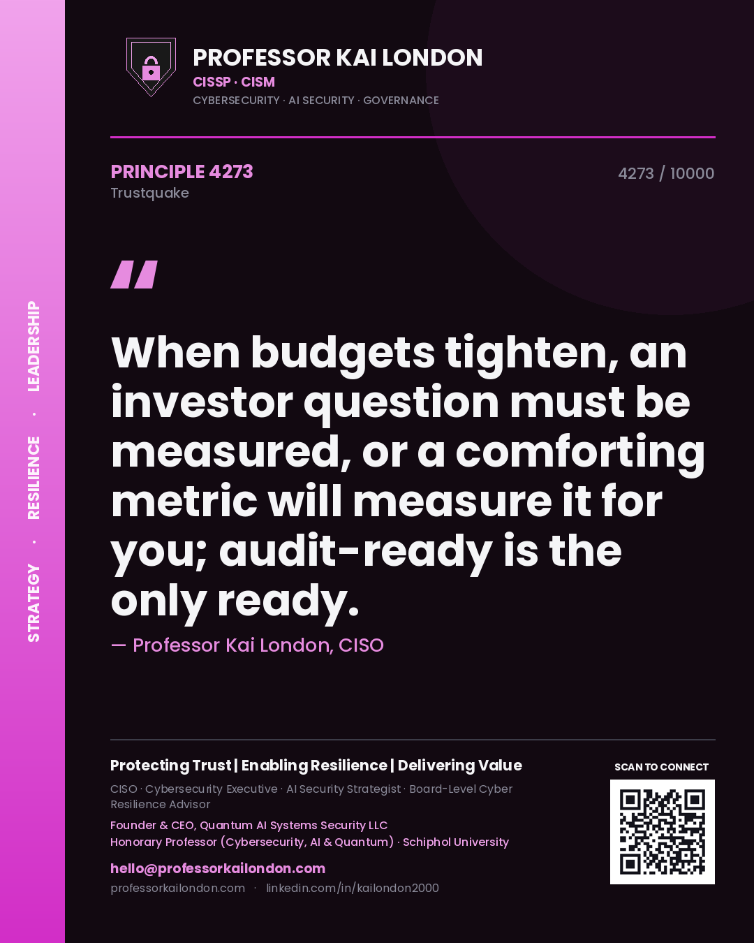 Quote card by Professor Kai London reading 'When budgets tighten, an investor question must be measured, or a comforting metric will measure it for you; audit-ready is the only ready.'. From the book Trustquake.