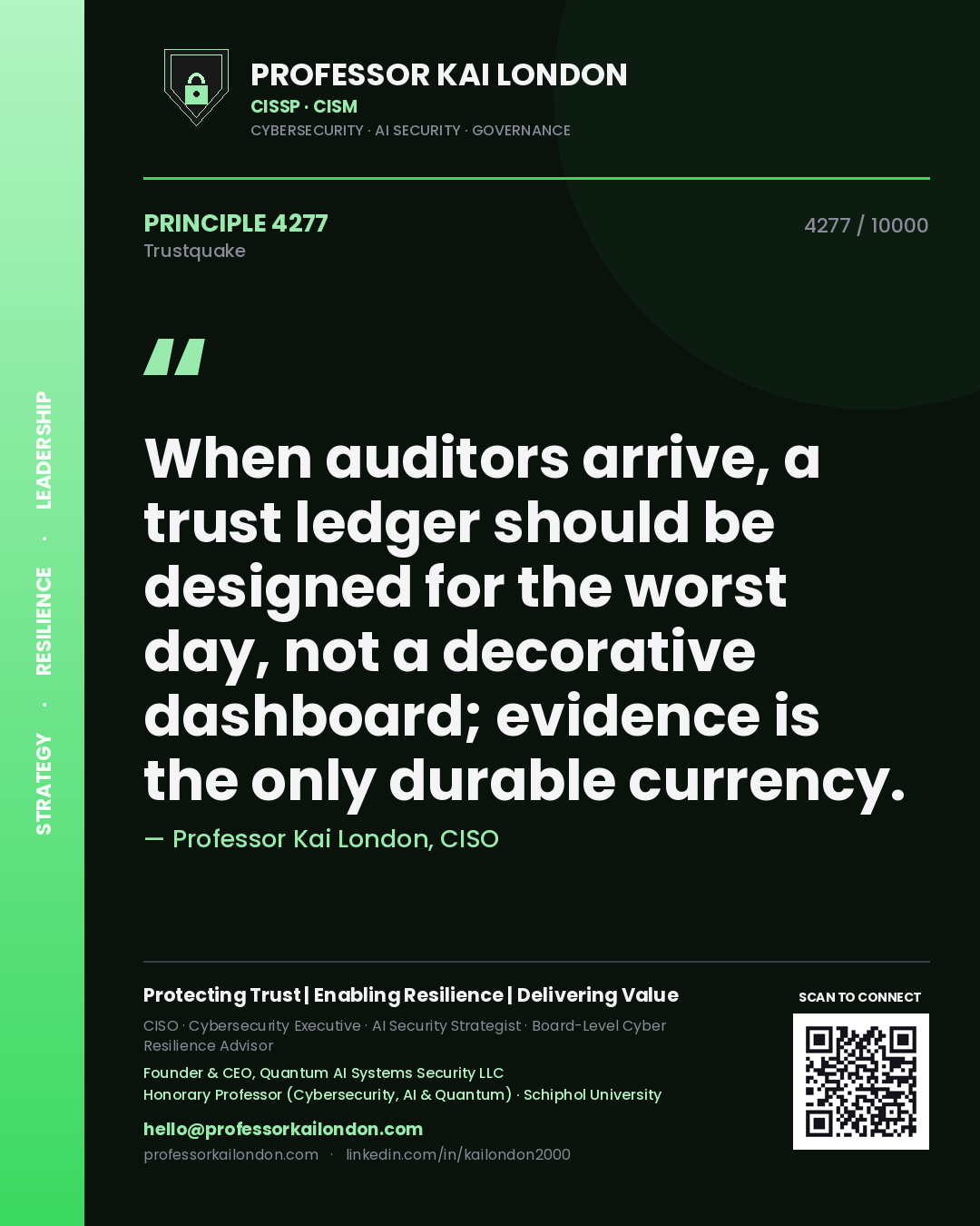 Quote card by Professor Kai London reading 'When auditors arrive, a trust ledger should be designed for the worst day, not a decorative dashboard; evidence is the only durable currency.'. From the book Trustquake.
