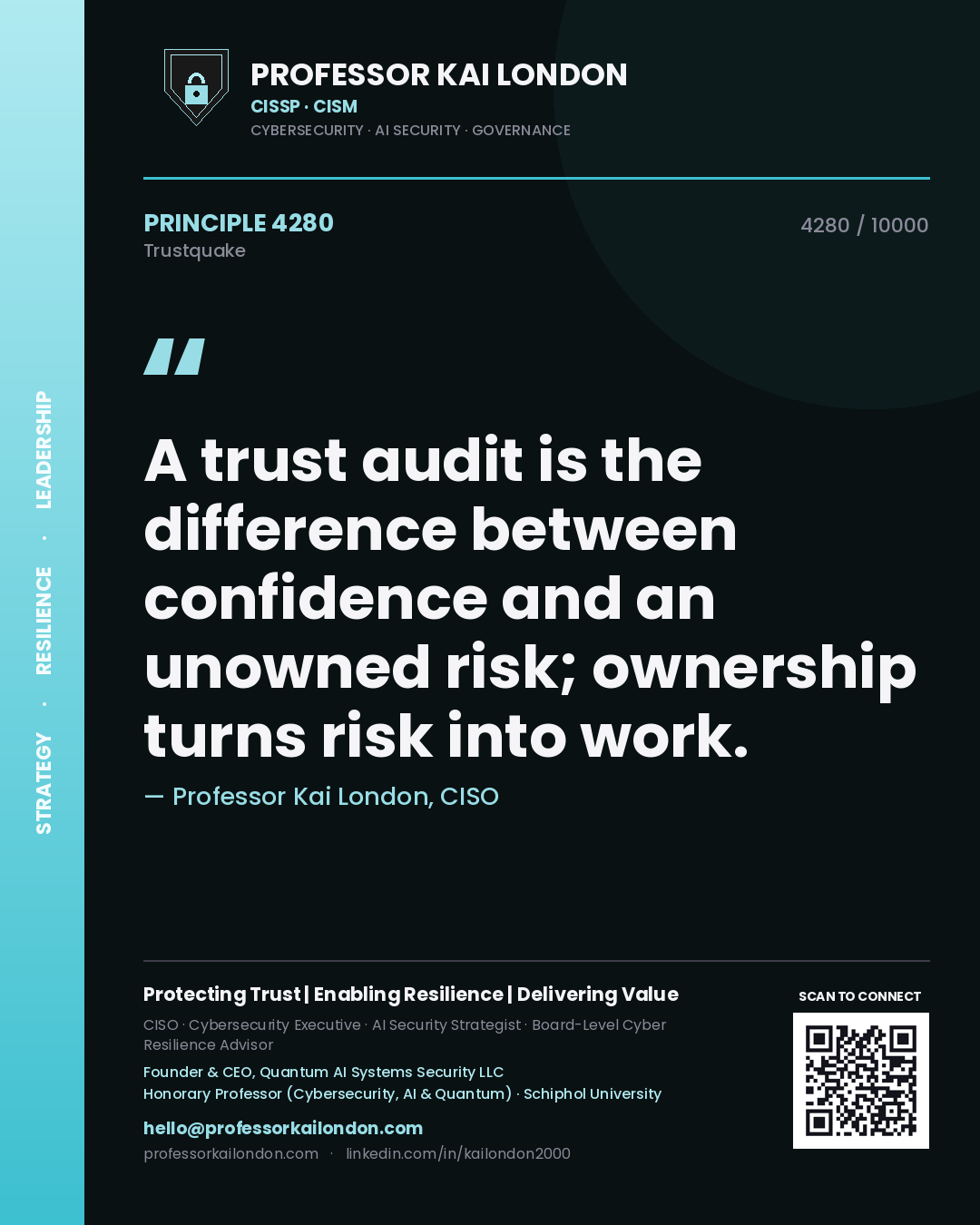 Professor Kai London principle 4280: A trust audit is the difference between confidence and an unowned risk; ownership turns risk into work.