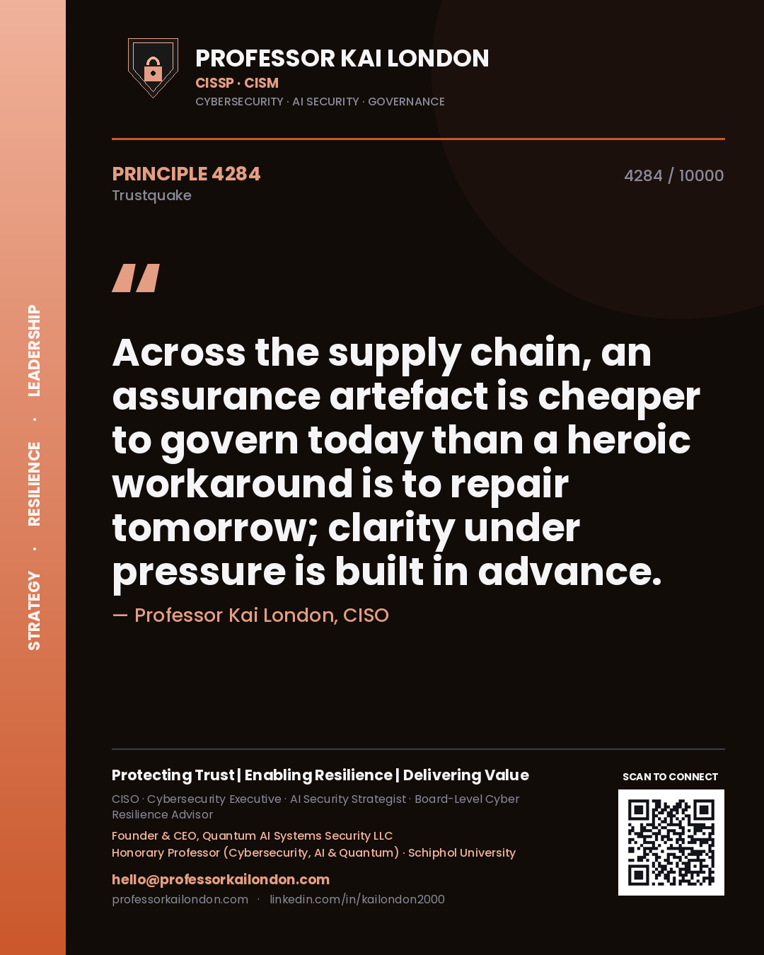 Quote card by Professor Kai London reading 'Across the supply chain, an assurance artefact is cheaper to govern today than a heroic workaround is to repair tomorrow; clarity under pressure is built in advance.'. From the book Trustquake.