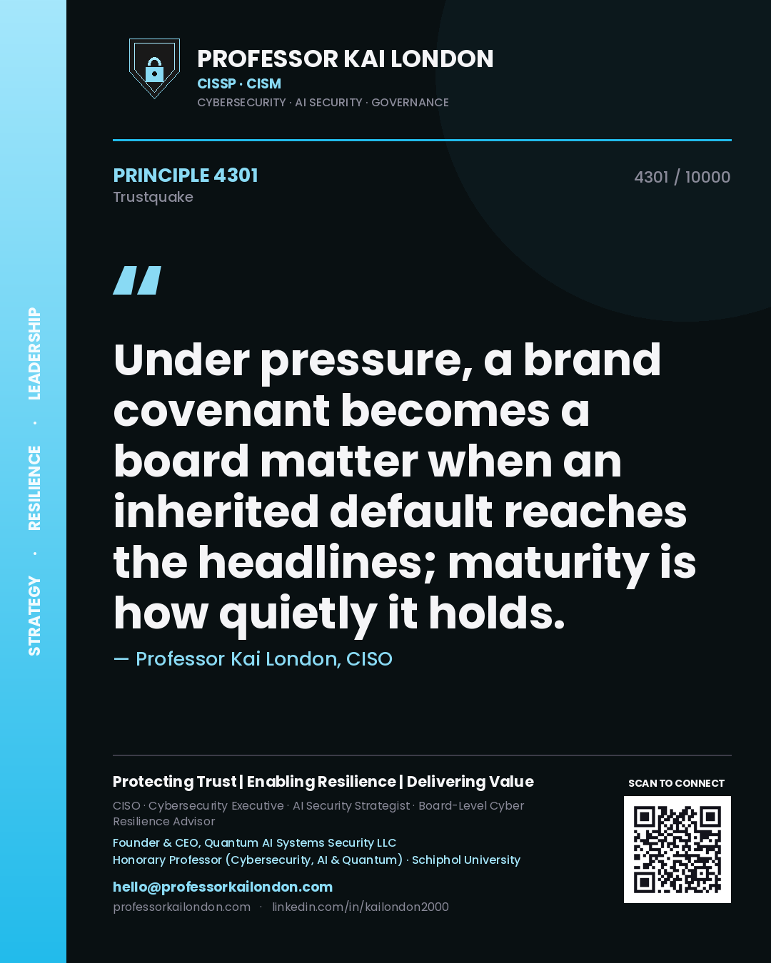 Professor Kai London principle 4301: Under pressure, a brand covenant becomes a board matter when an inherited default reaches the headlines; maturity is how quietly it holds.