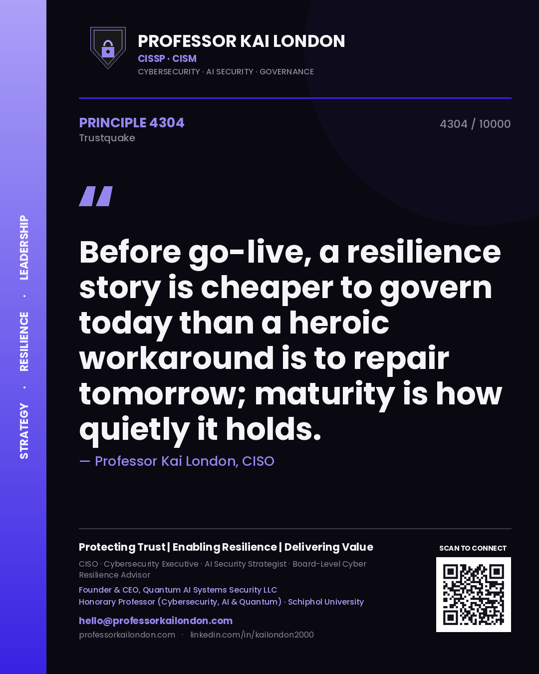 Quote card by Professor Kai London reading 'Before go-live, a resilience story is cheaper to govern today than a heroic workaround is to repair tomorrow; maturity is how quietly it holds.'. From the book Trustquake.