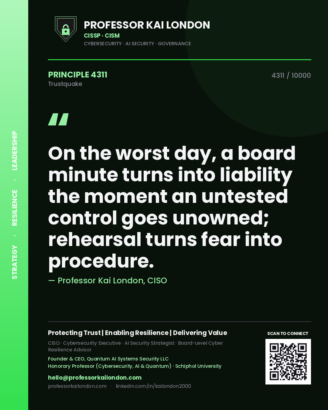Quote card by Professor Kai London reading 'On the worst day, a board minute turns into liability the moment an untested control goes unowned; rehearsal turns fear into procedure.'. From the book Trustquake.