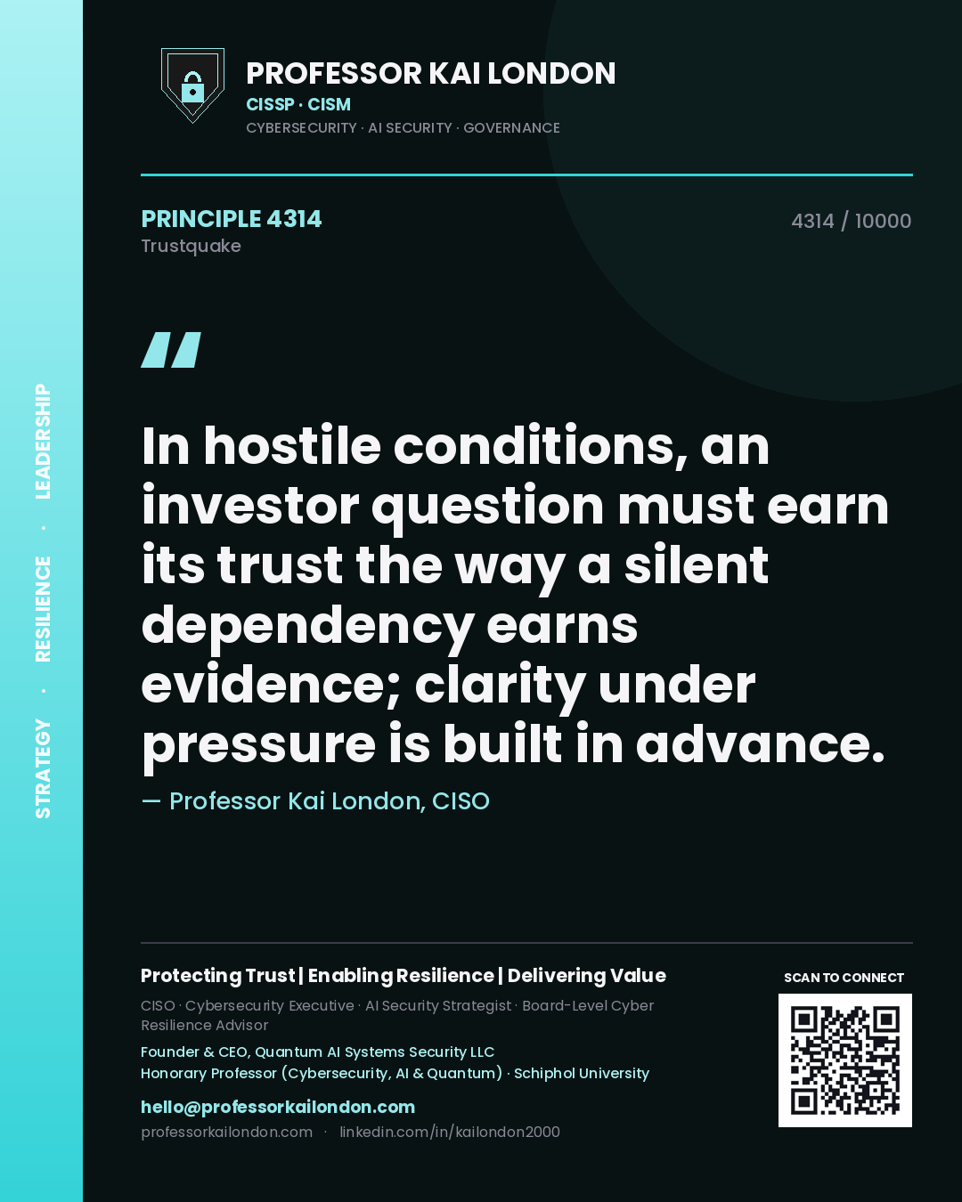 Quote card by Professor Kai London reading 'In hostile conditions, an investor question must earn its trust the way a silent dependency earns evidence; clarity under pressure is built in advance.'. From the book Trustquake.