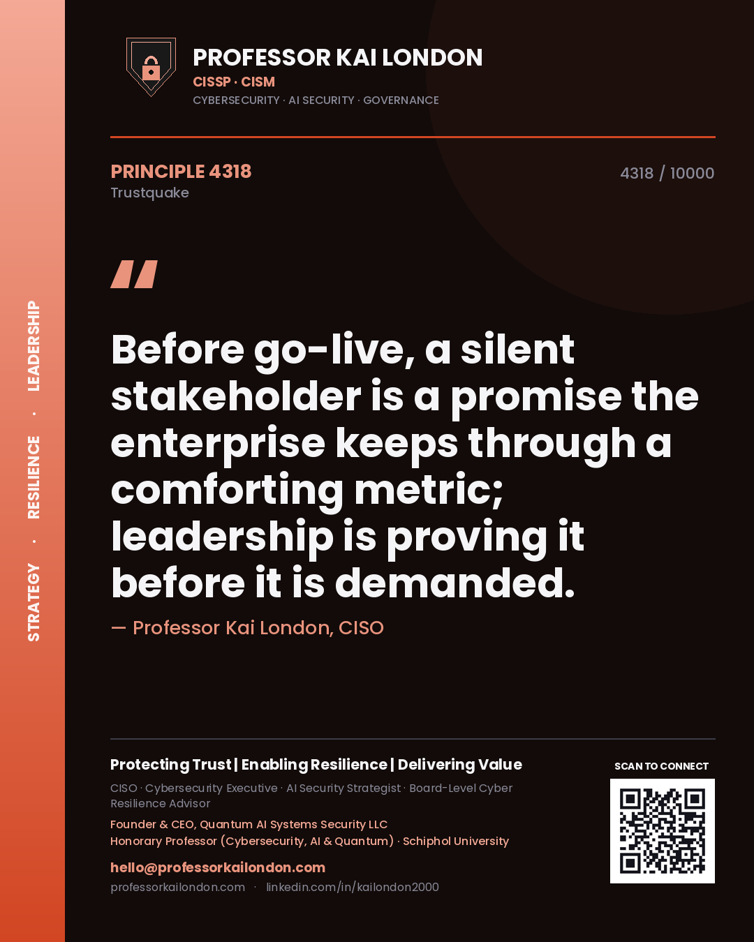 Quote card by Professor Kai London reading 'Before go-live, a silent stakeholder is a promise the enterprise keeps through a comforting metric; leadership is proving it before it is demanded.'. From the book Trustquake.