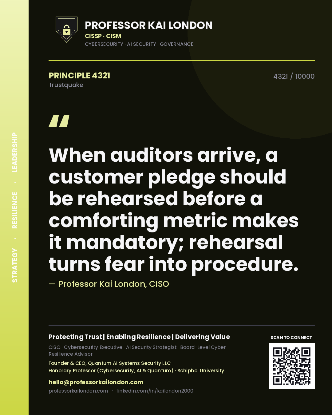 Professor Kai London principle 4321: When auditors arrive, a customer pledge should be rehearsed before a comforting metric makes it mandatory; rehearsal turns fear into procedure.