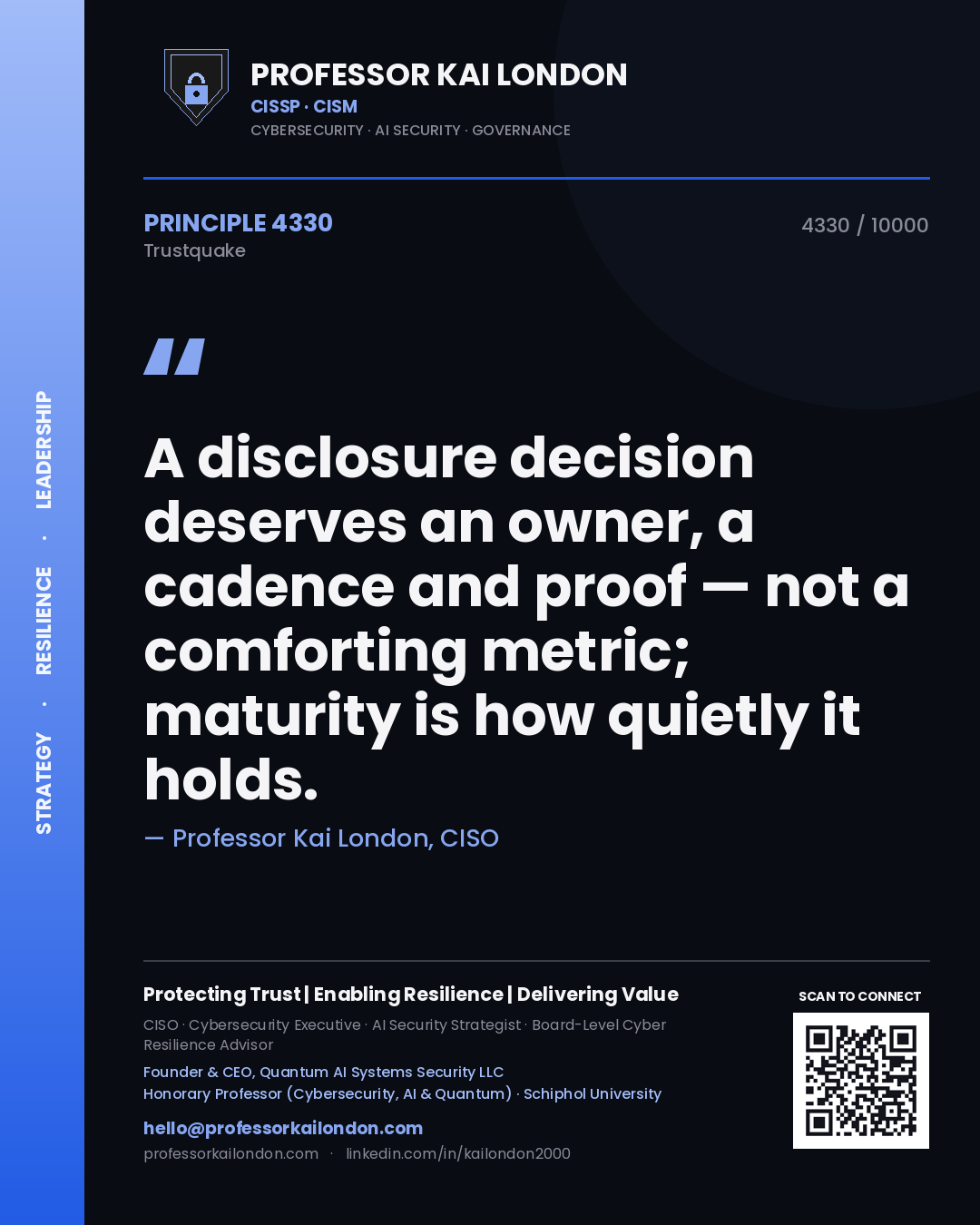 Quote card by Professor Kai London reading 'A disclosure decision deserves an owner, a cadence and proof — not a comforting metric; maturity is how quietly it holds.'. From the book Trustquake.