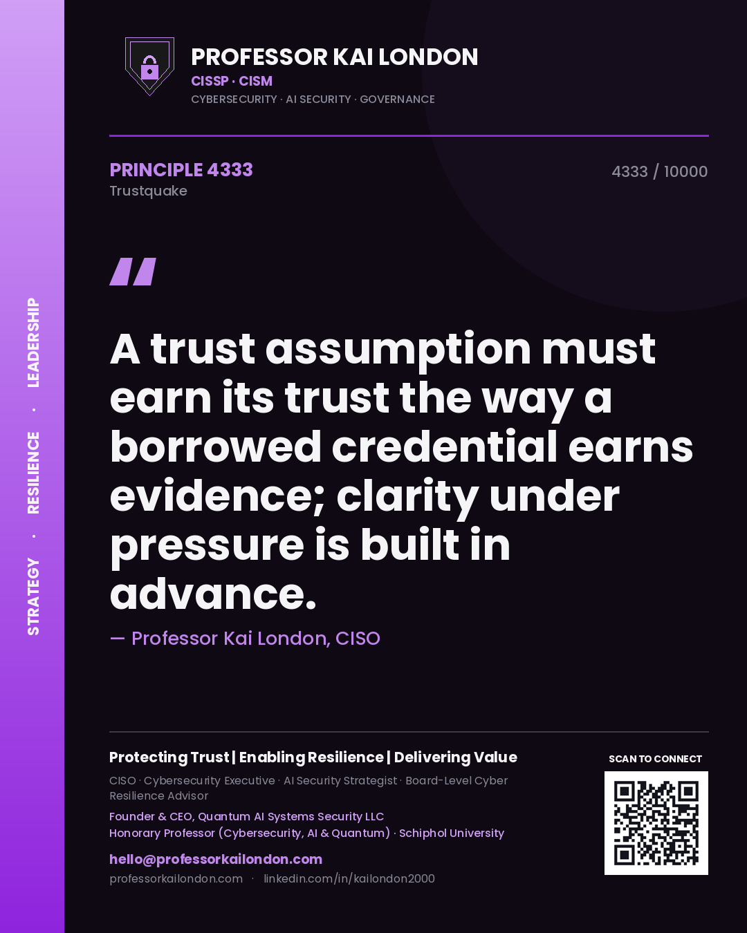 Quote card by Professor Kai London reading 'A trust assumption must earn its trust the way a borrowed credential earns evidence; clarity under pressure is built in advance.'. From the book Trustquake.