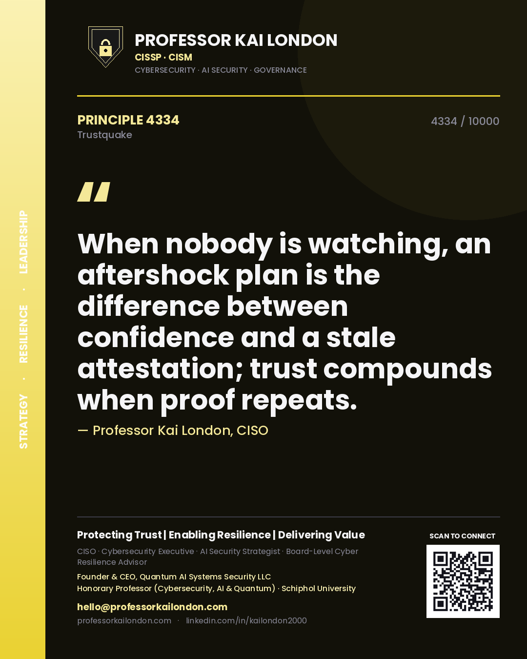 Professor Kai London principle 4334: When nobody is watching, an aftershock plan is the difference between confidence and a stale attestation; trust compounds when proof repeats.